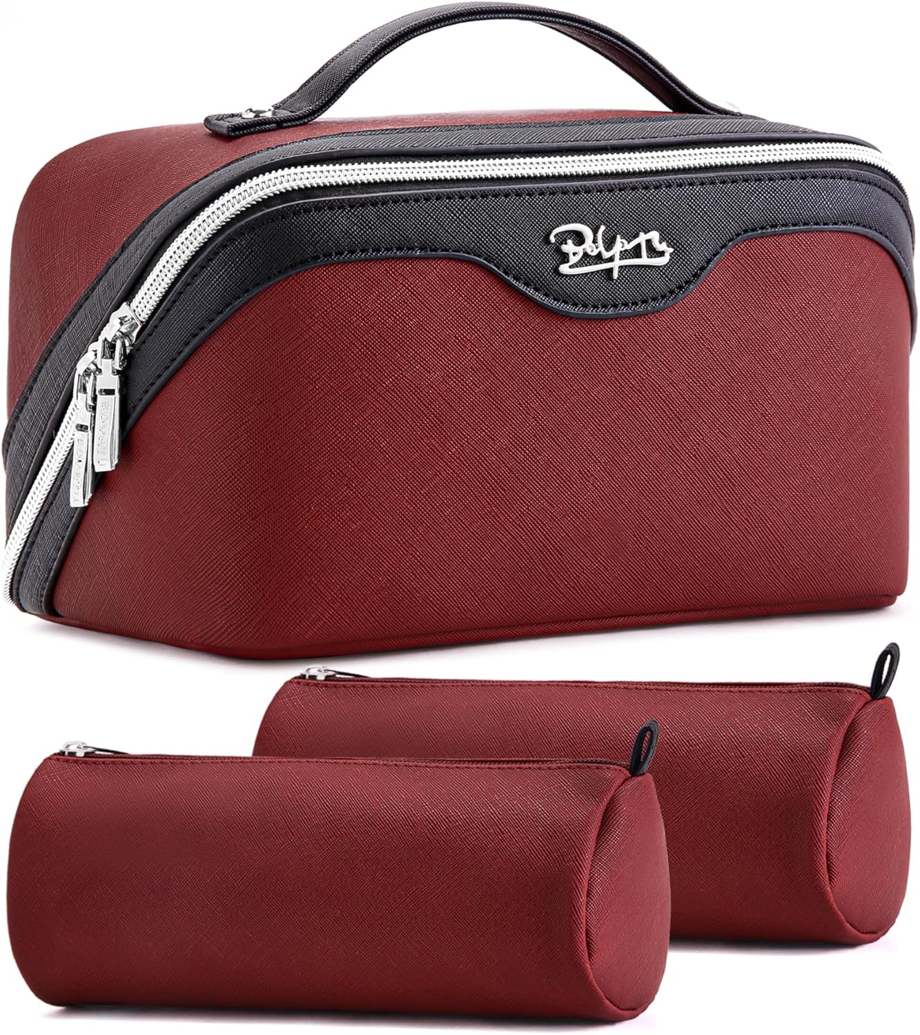 Travel Makeup Bags for Women - Large Capacity Vegan Leather Cosmetic Bag Set of 3 | Waterproof Toiletry Organizer (Royal Blue)