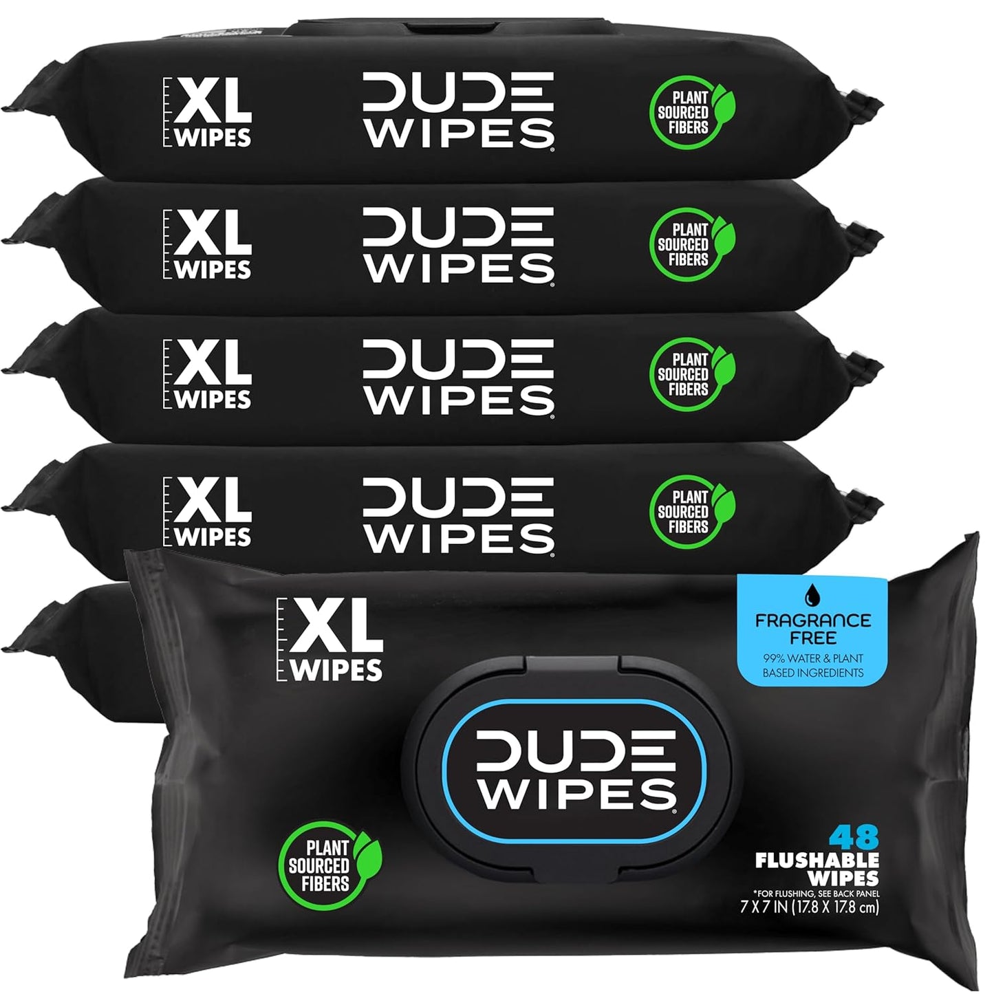 Dude Wipes Unscented Flushable Wipes - Extra-Large Adult Wet Wipes for Sensitive Skin | 6 Pack (288 Count) with Vitamin E and Aloe