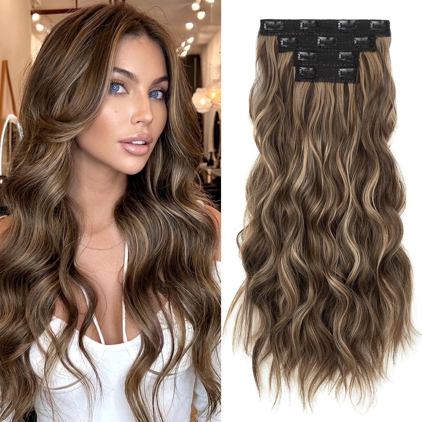 REECHO Clip-In Hair Extensions - 24" Thick Blonde Beach Waves | Invisible Lace Weft, Natural Soft Hairpieces for Women