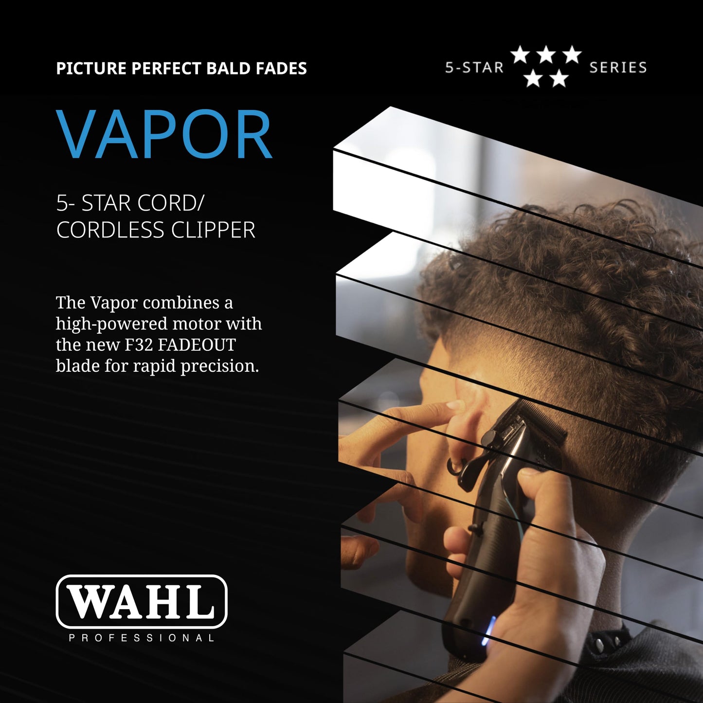 Wahl Professional 5-Star Vapor Clipper with F32 Fadeout Adjustable Balding Blade, Adaptable Speed Control, Cord/Cordless