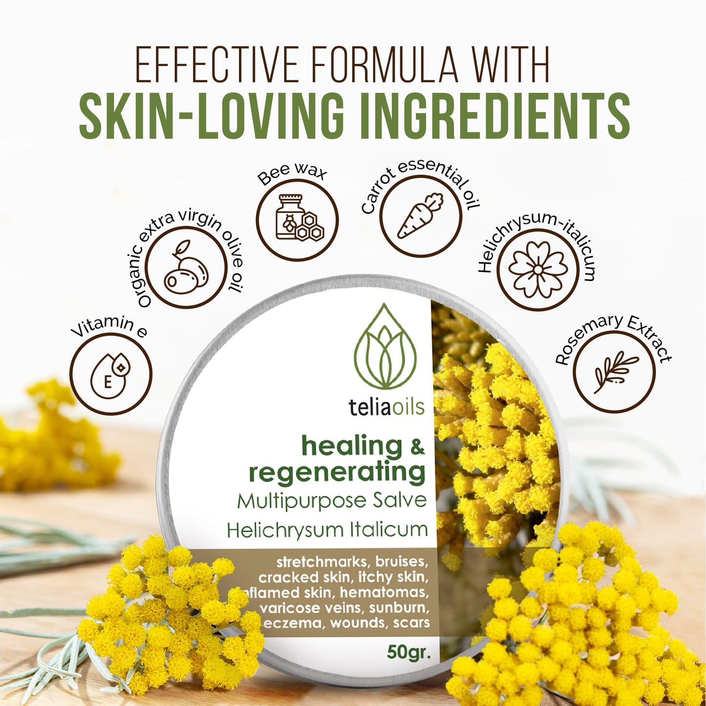 Teliaoils Helichrysum Italicum Multipurpose Salve | Helichrysum Oil | Soothing & Hydrating Relieving Balm | Irritated Skin, Stretch Marks, Varicose Veins & Wrinkles | Adults & Kids | 1.7oz/ 50gr |