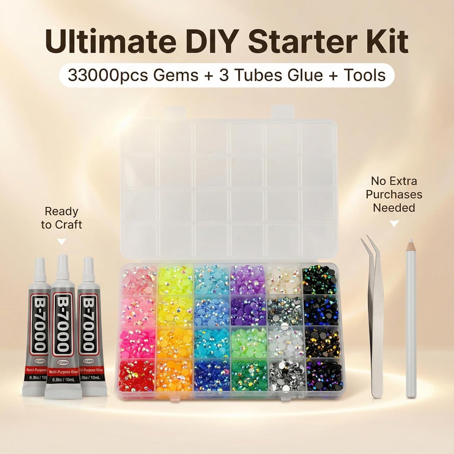 Rhinestones Bedazzling Kit - 33,000 Pcs 3mm Flatback Resin Crystals for Crafts & Clothing | Rainbow Colors with B-7000 Glue