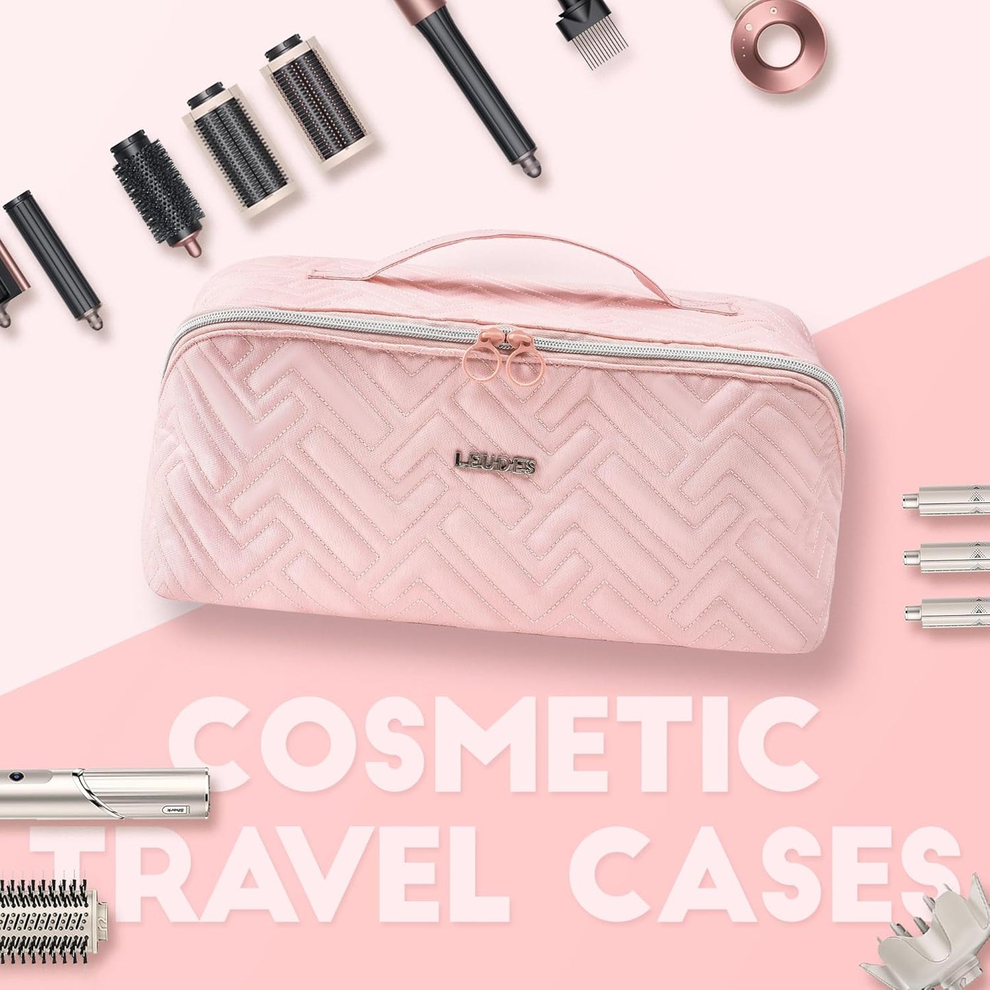 Travel Makeup Bag for Dyson Airwrap & Shark Flex Style - Portable Organizer with Divider & Handle | Pink