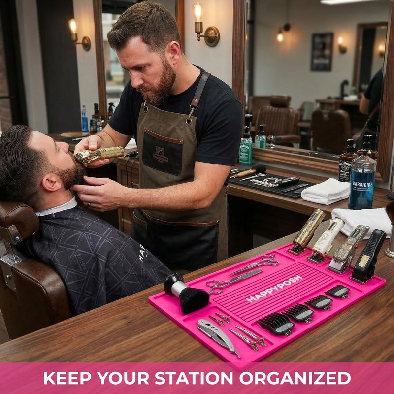Magnetic Barber Mat, Magnetic Barber Mats For Clippers and Supplies, Barbershop Pad for Station, Beauty Salon Table Matt, Barbering Tool Organizer for Pro Hairstylist, Pink