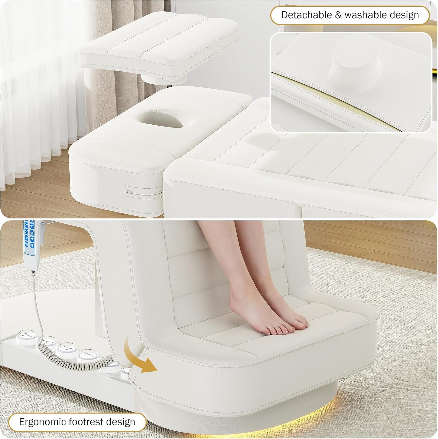 Electric Spa Table with LED Light - 3 Motor Height Adjustment, Adjustable Backrest & Leg Support | White