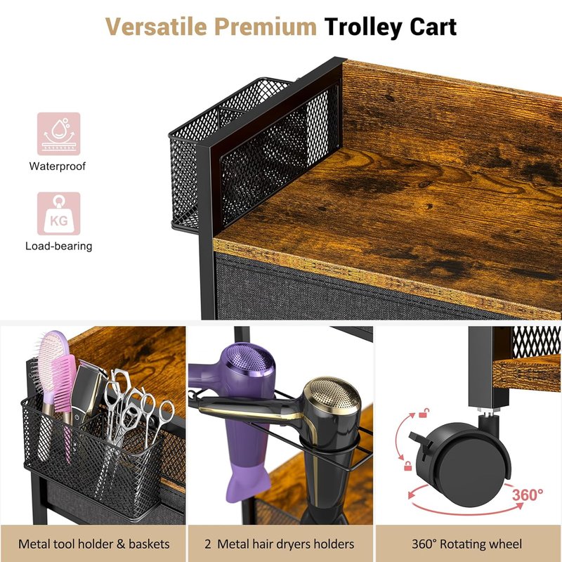 Mobile Hair Stylist Station - Salon Trolley Cart with Wheels, Metal Tool Holder & Fabric Drawer | Black