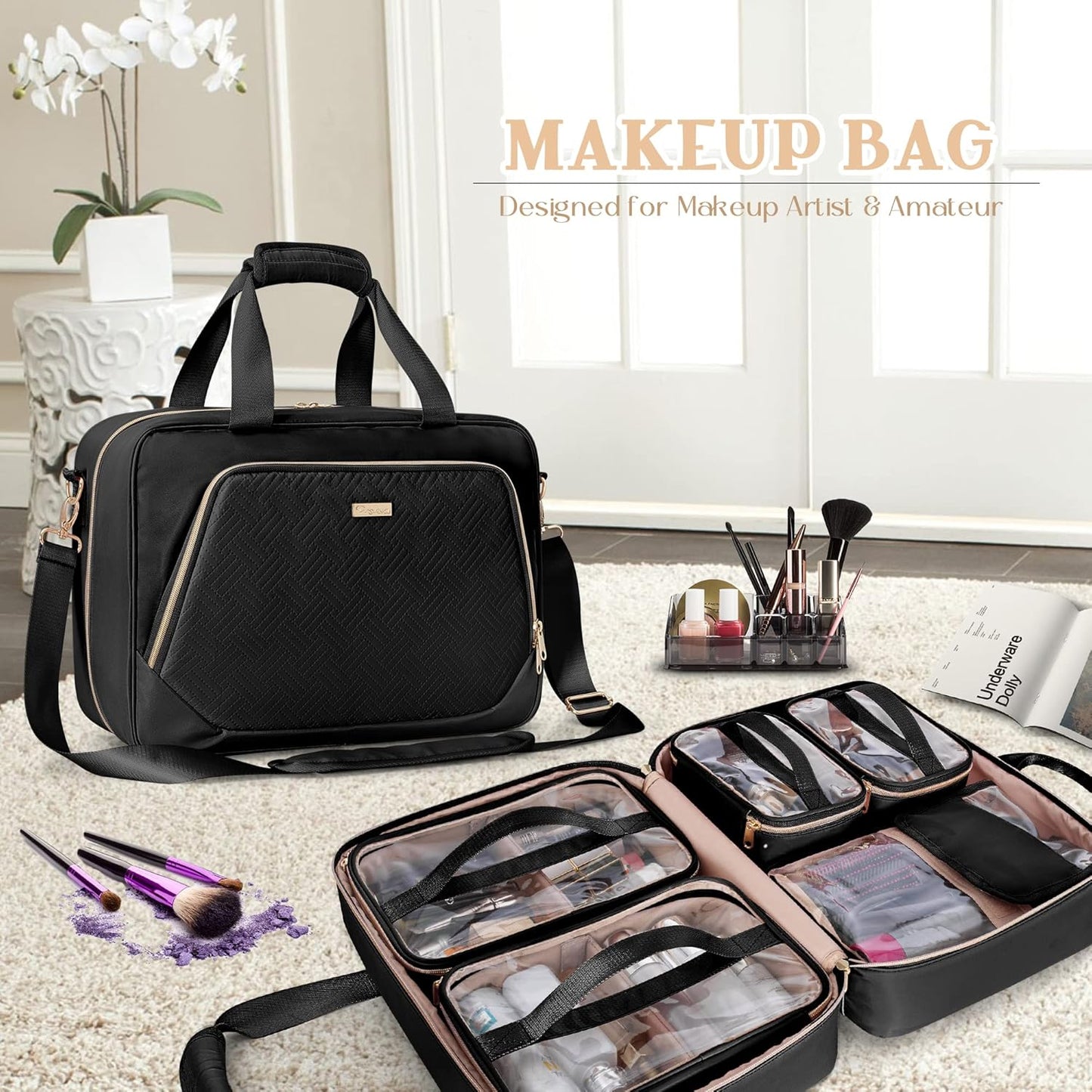 Professional Makeup Artist Travel Case - Large Organizer with 4 Detachable Bags | Black Makeup Storage