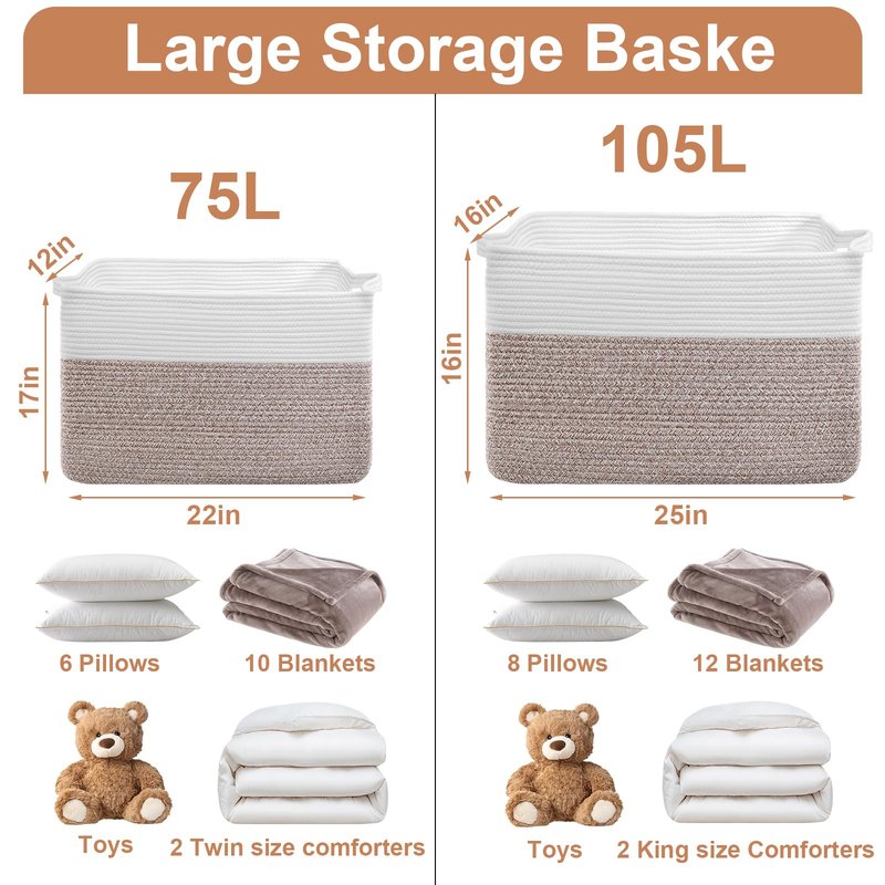 75L Extra Large Blanket Basket for Living Room - Cotton Rope Laundry Hamper Woven Baskets XXL Storage Bin with Handles for Dirty Clothes, Kids, Pets, Toys, Bedroom, 22" x 17" x 12", White & Brown