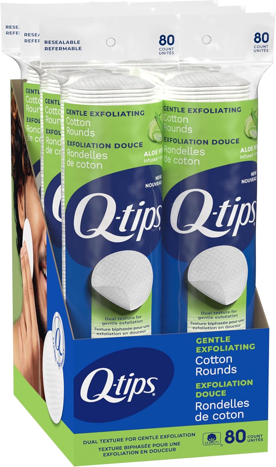 Gentle Exfoliating Cotton Rounds - 100% Cotton Dual Textured Makeup Remover Pads | 80 Count Per Pack, 6 Pack