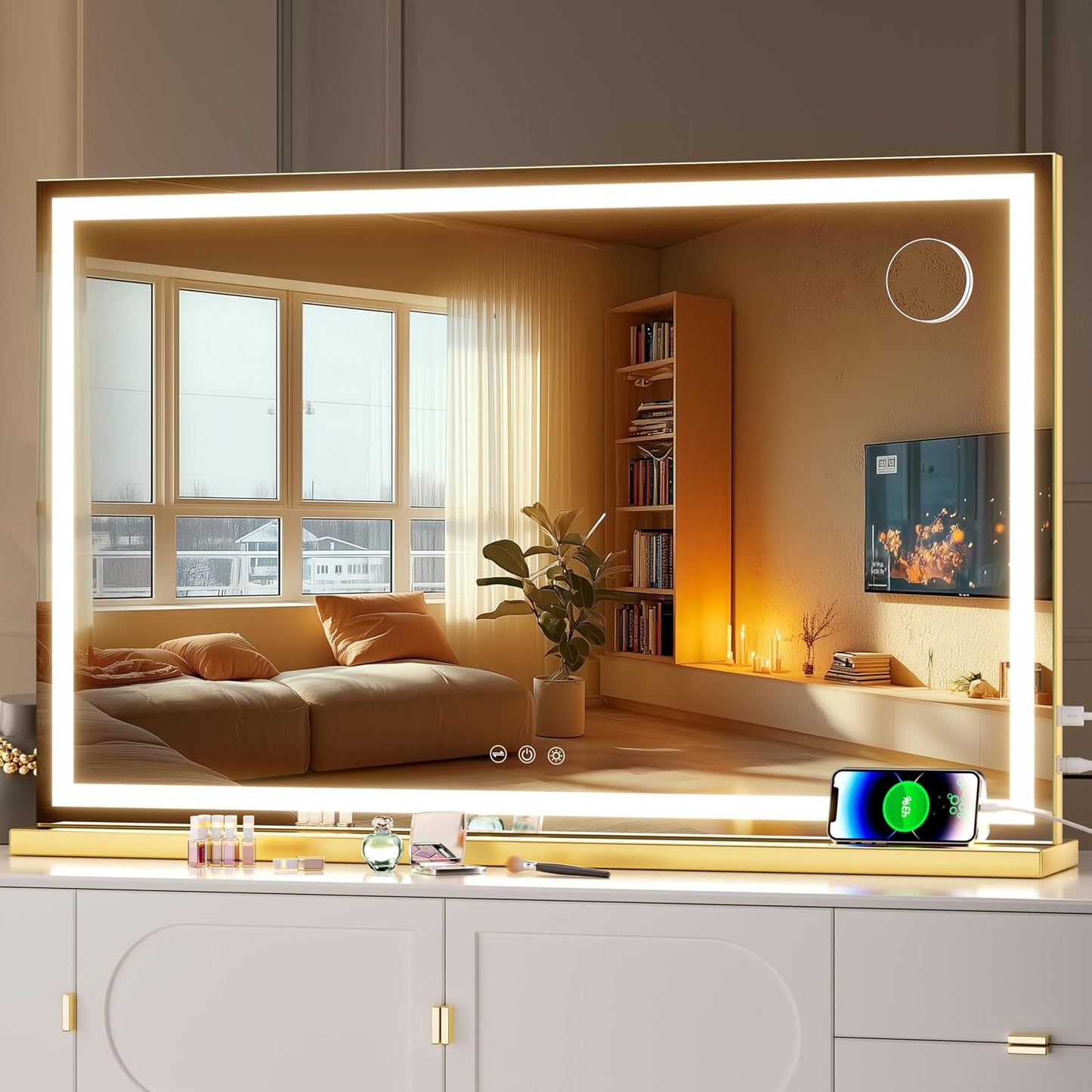 LED Makeup Mirror with Lights - 31.5" x 22" Dimmable Touch Screen Vanity Mirror | Round Black Design