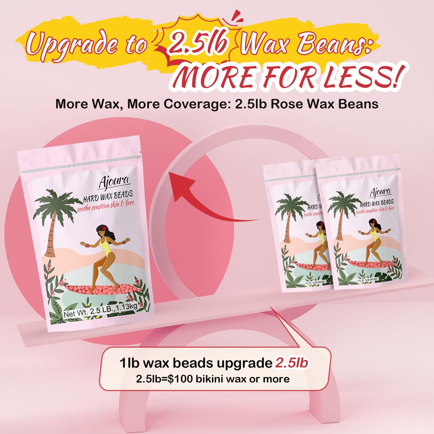 Ajoura 2.5LB Wax Beads for Hair Removal, Rose Hard Wax for Coarse Hair, Perfect for Brazilian, Bikini, Eyebrow, Legs, Facial, and Full Body Waxing, At-Home Wax Refill for Women and Men