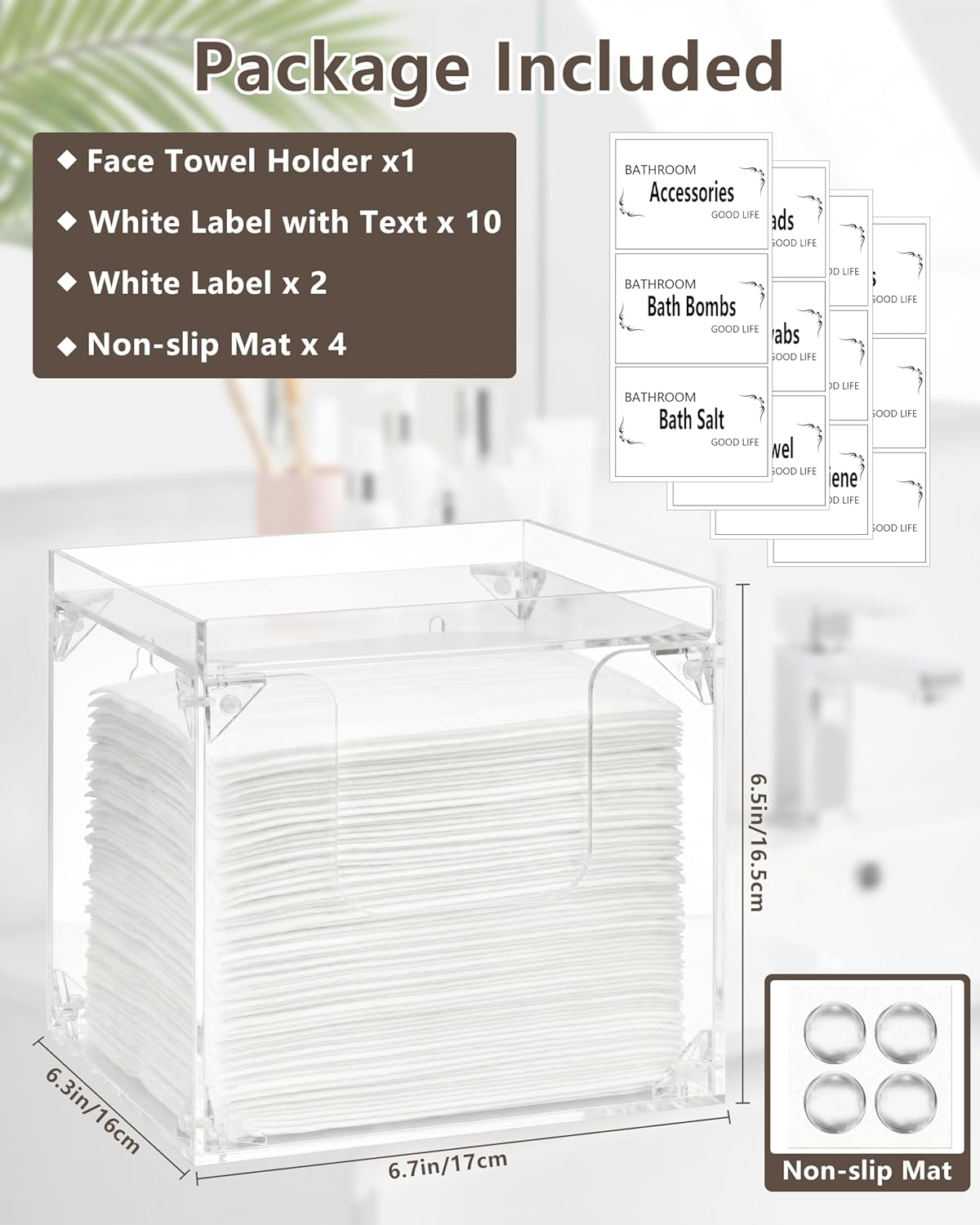 Foldable Facial Towel Holder - Acrylic Storage Box for Clean Towels | Non-Slip Pads, XL Size