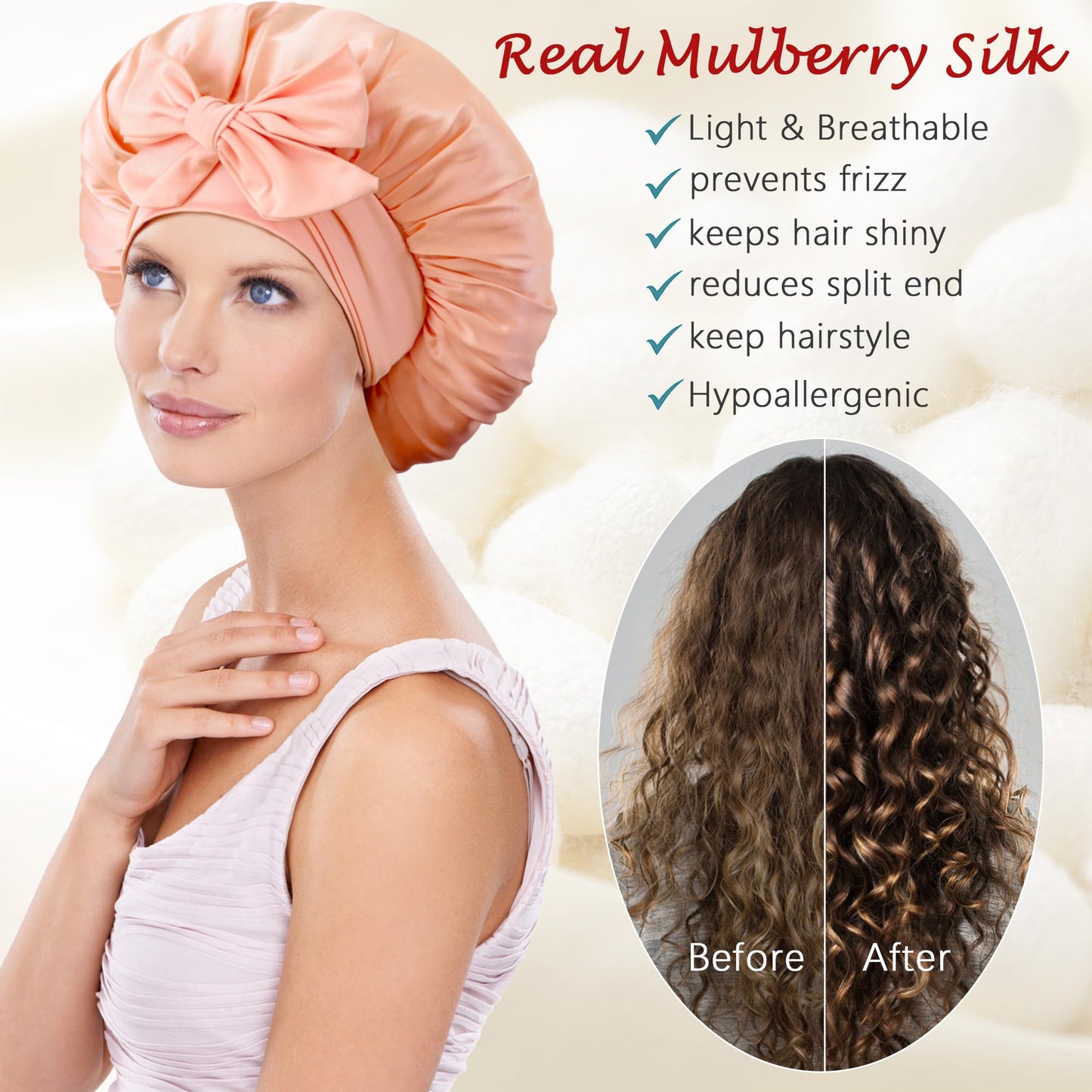100% Mulberry Silk Bonnet for Sleeping Women, Pure Real Silk Hair Bonnets with Tie, Double Layer Sleep Cap for Curly Hair