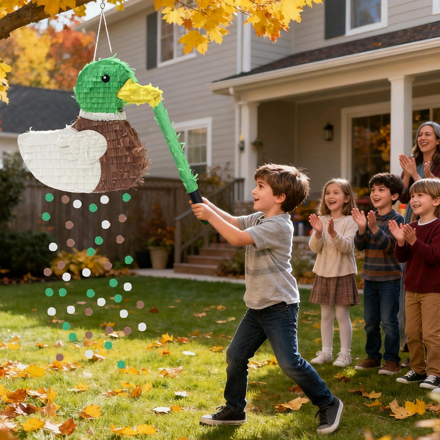 Mallard Duck Pinata Bundle with Stick, Blindfold, Bat, Gender Reveal Confetti for Duck Hunting Birthday One Lucky Party Decoration Farm Animal Theme Party Supplies