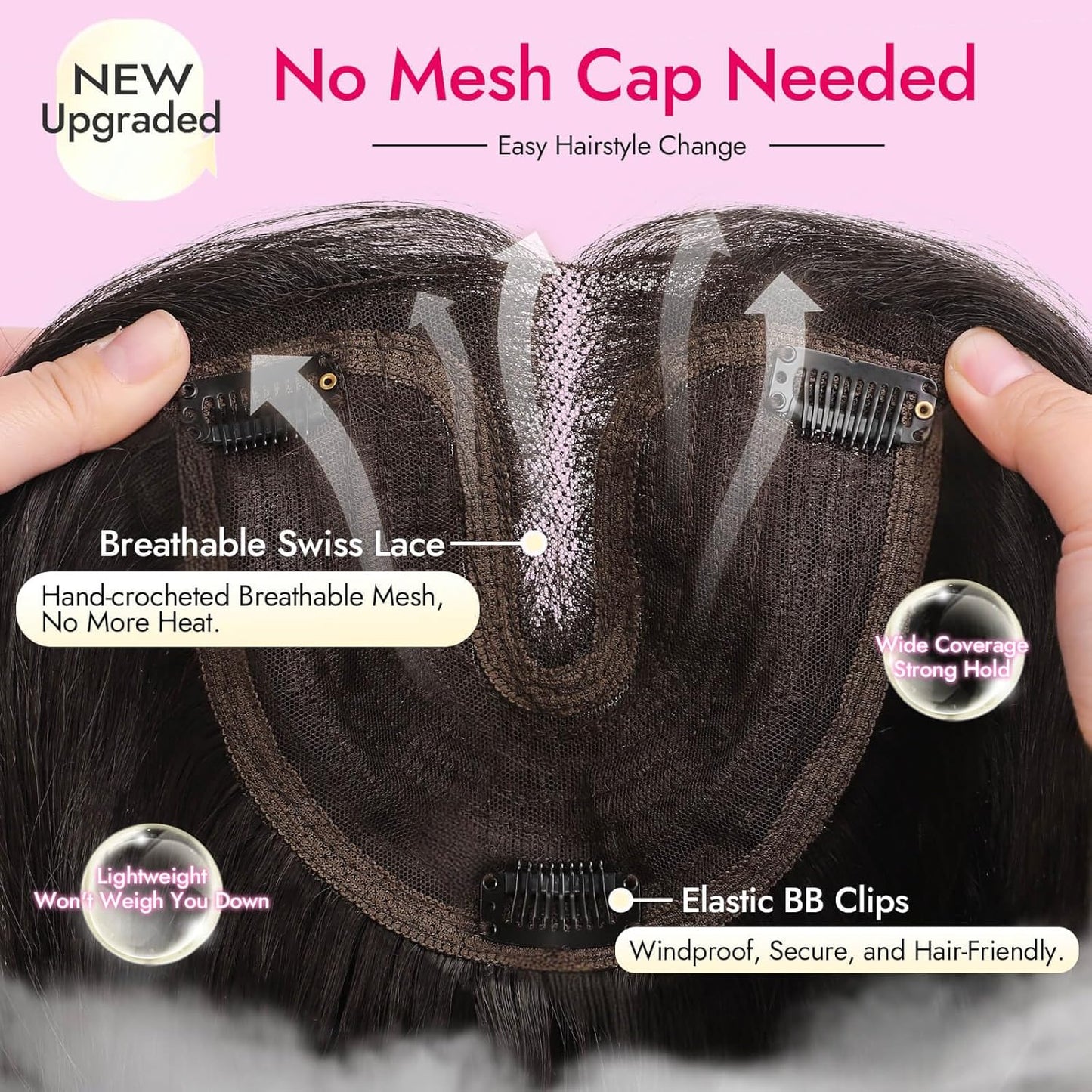 Black Synthetic Hair Toppers for Women - 5x6 Inch Large Base, Clip-In Wispy Bangs, 24 Inch Long Layered