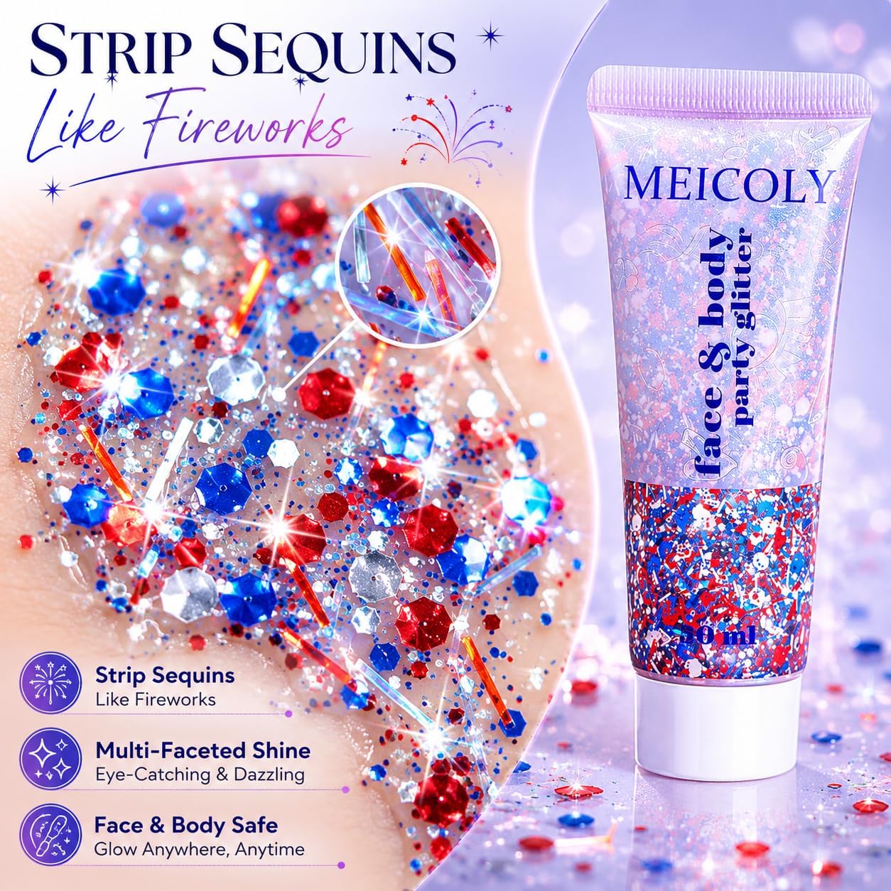 Red White and Blue Hair Glitter - Self-Adhesive Waterproof Face Glitter for 4th of July | Firework Ribbon Sequins