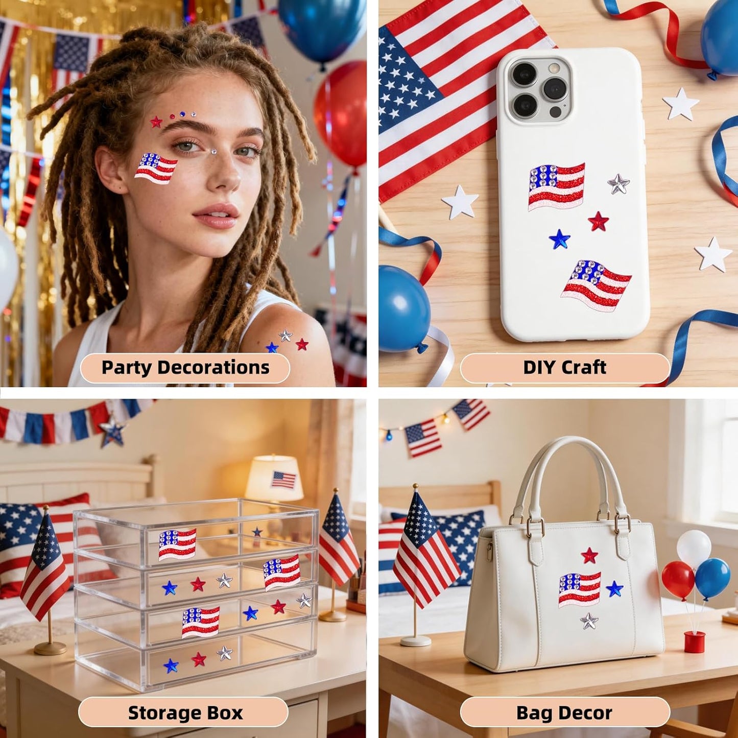 Face Gems - 80 Pcs USA Stickers for 4th of July | Patriotic Red, White, and Blue Decorations