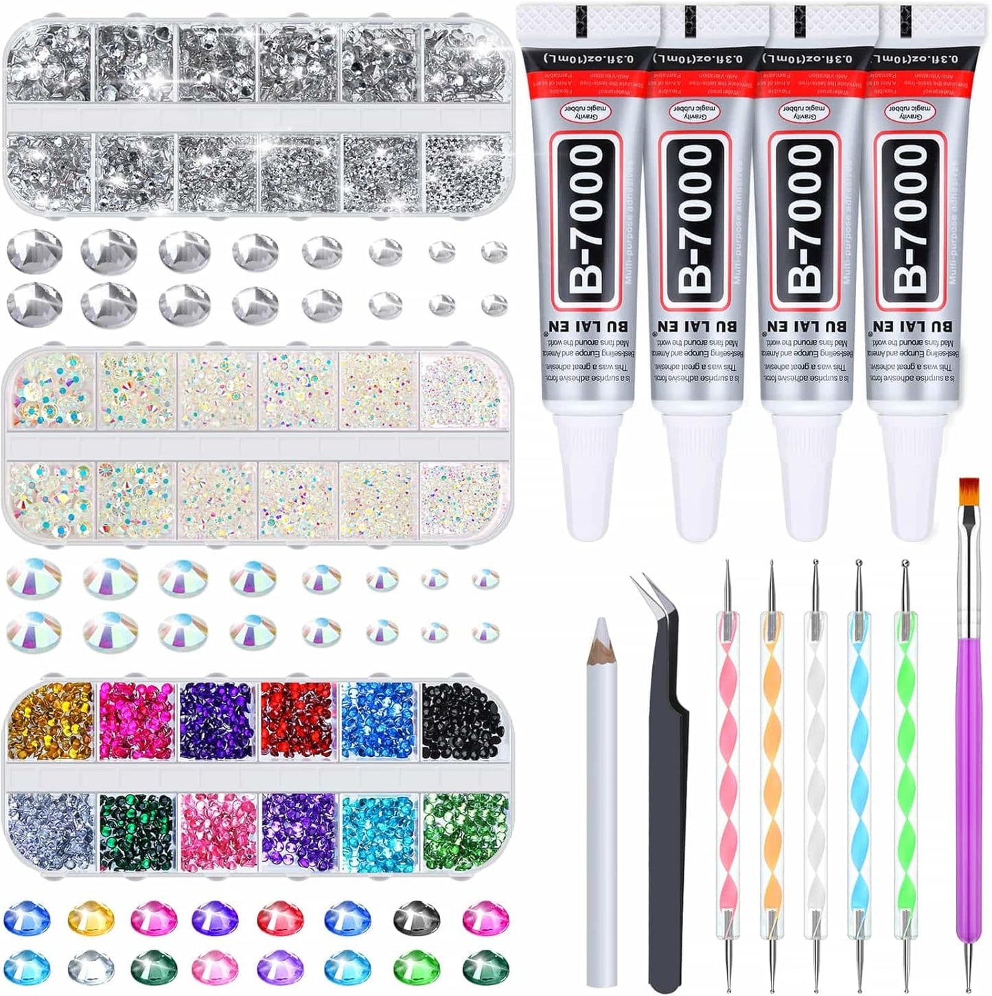 Shynek B7000 Jewelry Glue - Rhinestones & Gems Adhesive for Crafts | 6300 Pcs with Picker Pencil for Diamond Art