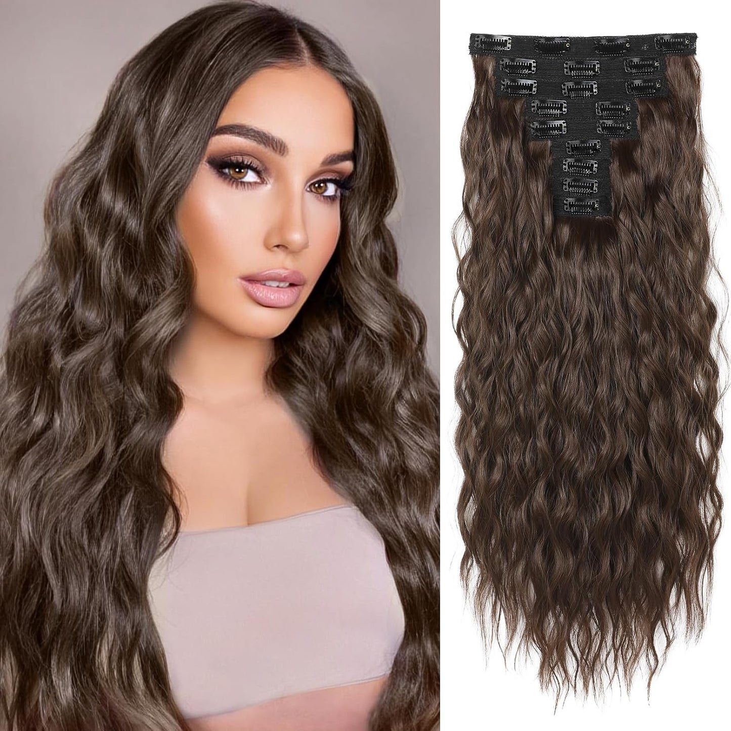 Clip In Hair Extensions - 24" Thick Long Loose Waves | Invisible Lace Weft, Natural Soft Hairpieces - Chocolate Brown with Blonde Highlights