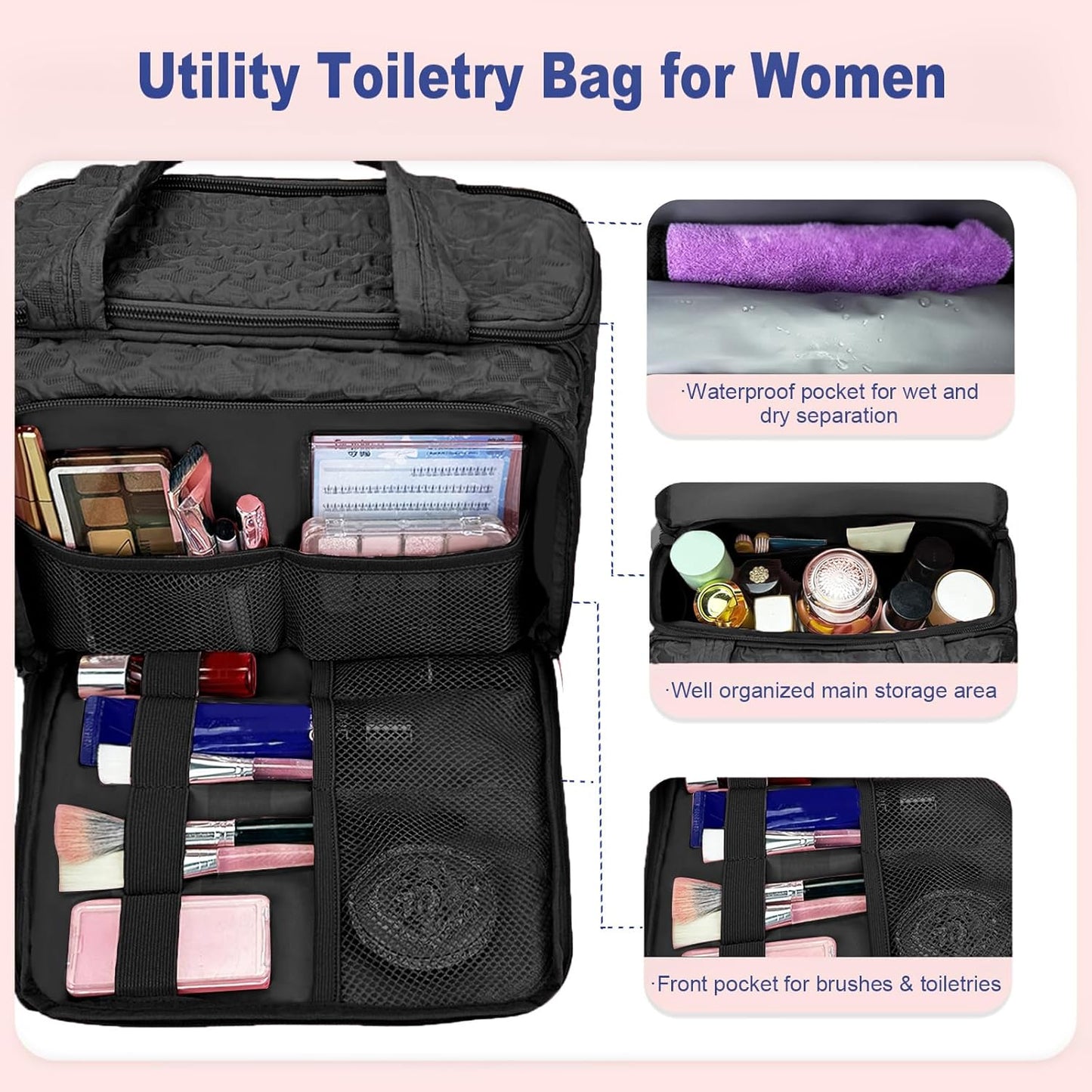 Toiletry Bag for Women - Large Travel Makeup Organizer | Black Cosmetic Skincare Pouch, 11.5" Size