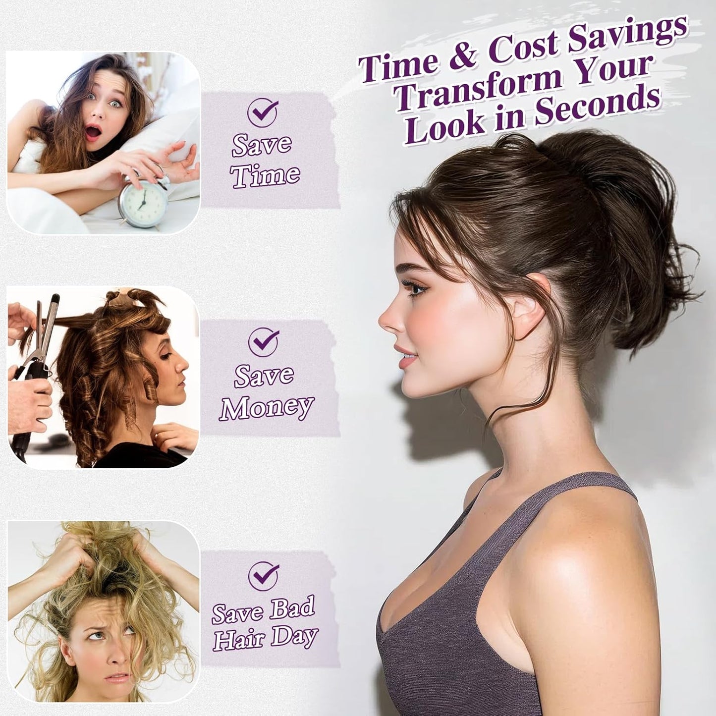 Claw Clip Ponytail Extension - 8 Inch Dark Brown Human Hair Messy Bun for Women | Bendable Metal Style