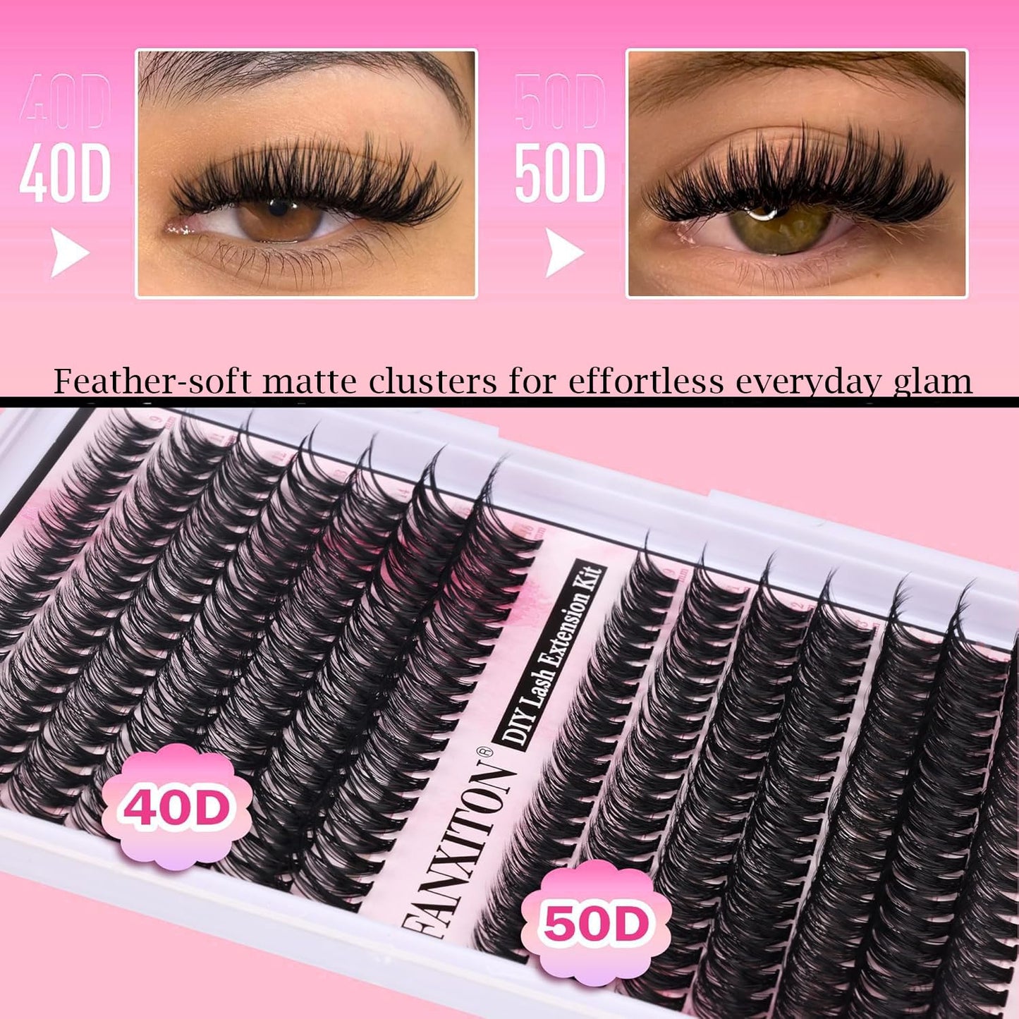 DIY Eyelash Extension Kit - Thick Volume 40D & 50D Cluster Lashes | 280 Pieces with Bond & Tweezers