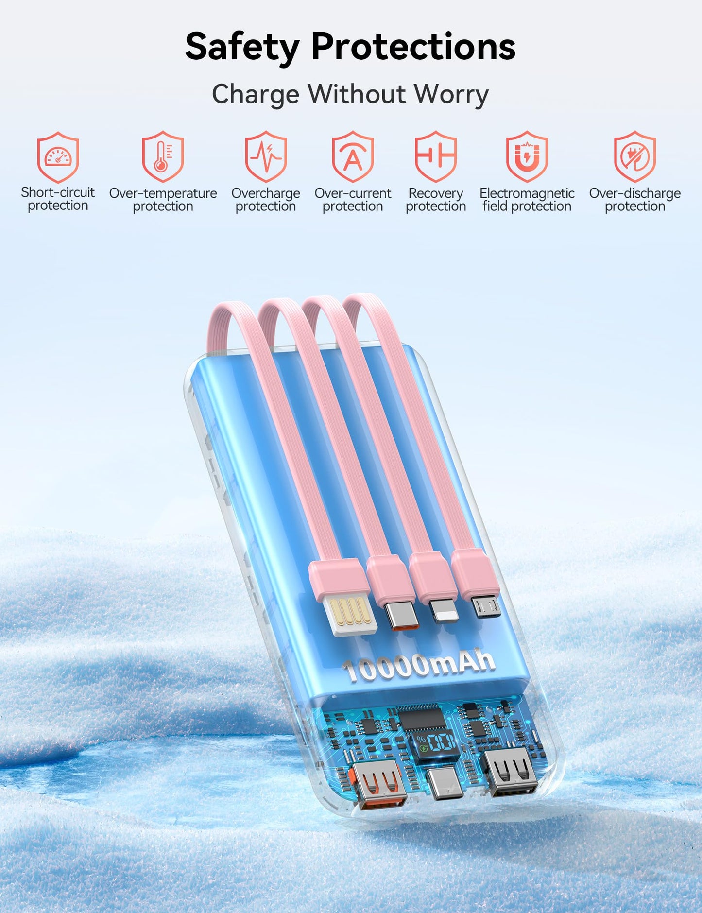 Nusyddy Portable Charger 10000mAh PD20W w/4 Built-in Cables/6 Outputs Pink