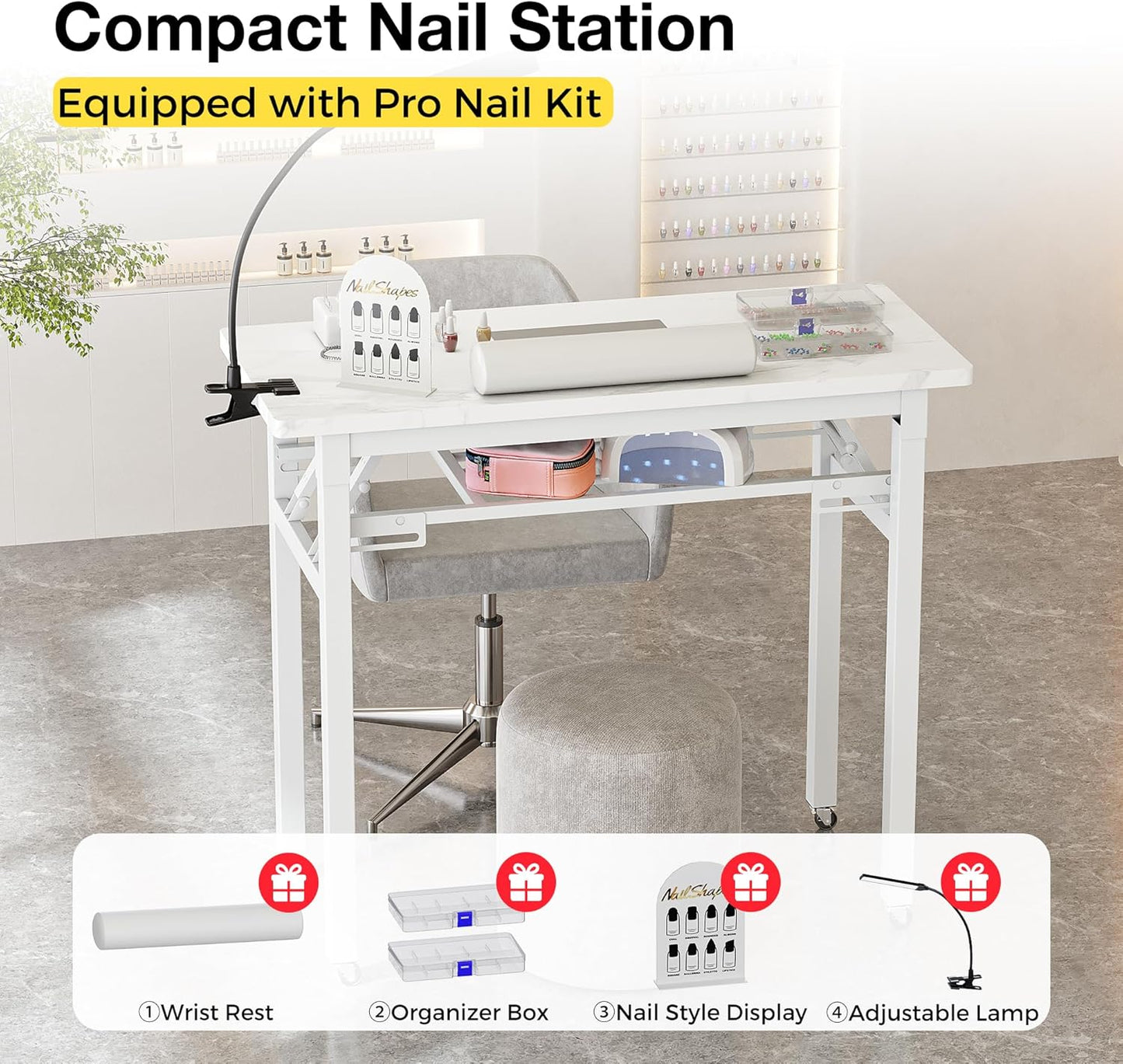 Portable Foldable Manicure Table - Rolling Nail Tech Desk with Dust Collector & LED Light | Marble White, Carrying Case