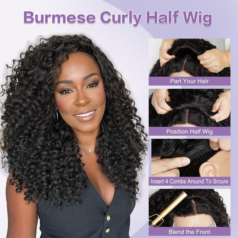 Burmese Curl Half Wig - 16-Inch Human Hair, 200% Density, Glueless | Beginner-Friendly Drawstring Design