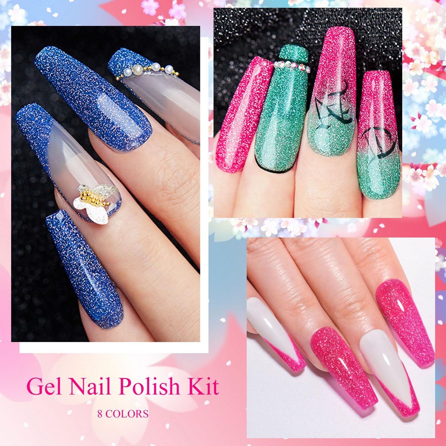MEET ACROSS 8Pcs Neon Glitter Gel Nail Polish Set, Fluorescent Gel Polish Pink/Lavender/Orange/Green Fluorescent Shades Nail Polish for Daily & Holiday DIY Salon