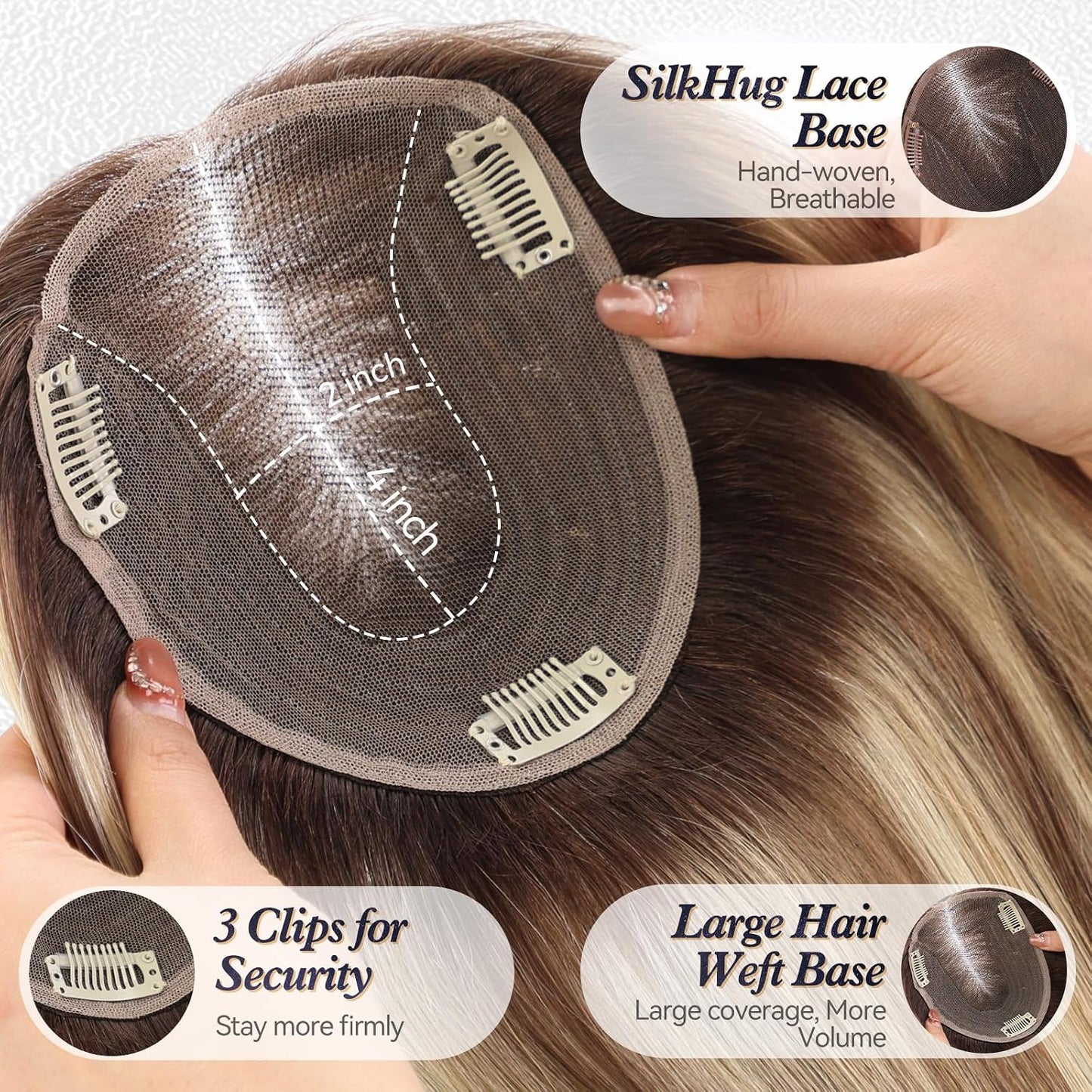 Real Human Hair Toppers for Women - 14 Inch Silk Base | Ash Blonde Mixed Brown with Bangs - 60g