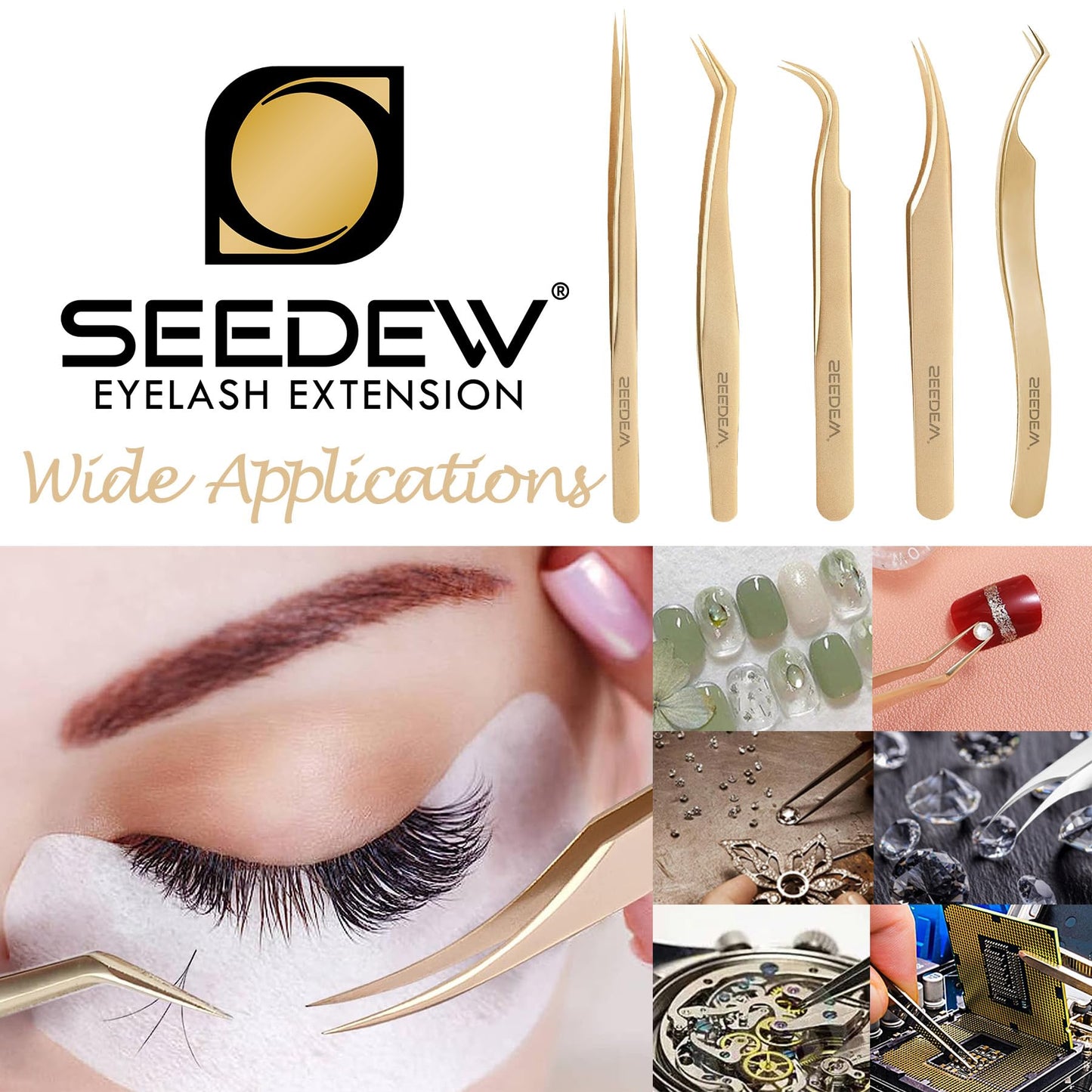 SEEDEW Tweezer Eyelash Extensions 1 PCS Stainless Steel Straight Pointy Tweezer Isolation Professional Precision Supplies False Lash Application Tools for Lash Tech, Lash Artist Beginner(Golden)