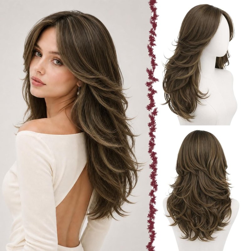 Layered Brown Wig with Highlights - Long Wavy Synthetic Hair, 22 Inch | Natural-Looking Curtain Bangs for Daily Wear