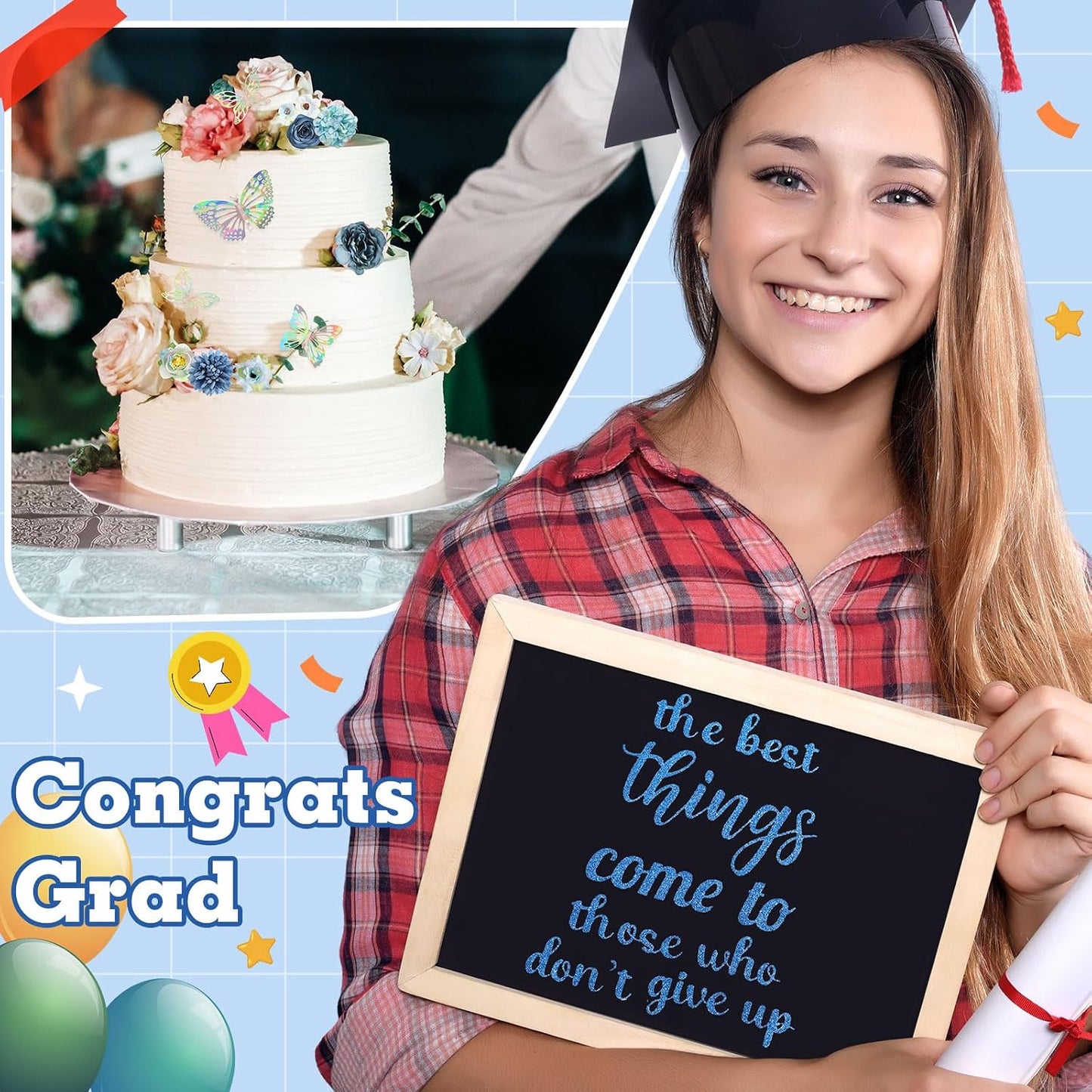 Graduation Cap Decoration Kit - 36 Pcs with Faux Flowers, Glitter Stickers & 3D Butterflies | Blue Inspirational Themes