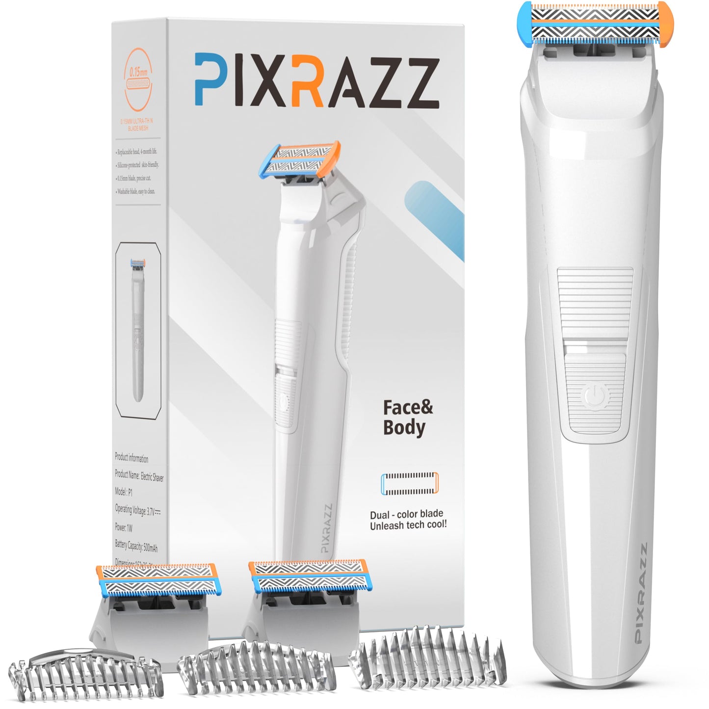 PIXRAZZ Bikini Trimmer for Women, Painless Electric Shaver & Razor for Pubic Hair, Body & Sensitive Skin, Cordless USB Rechargeable Groomer for Travel with 2 Replacement Heads & 3 Guide Combs