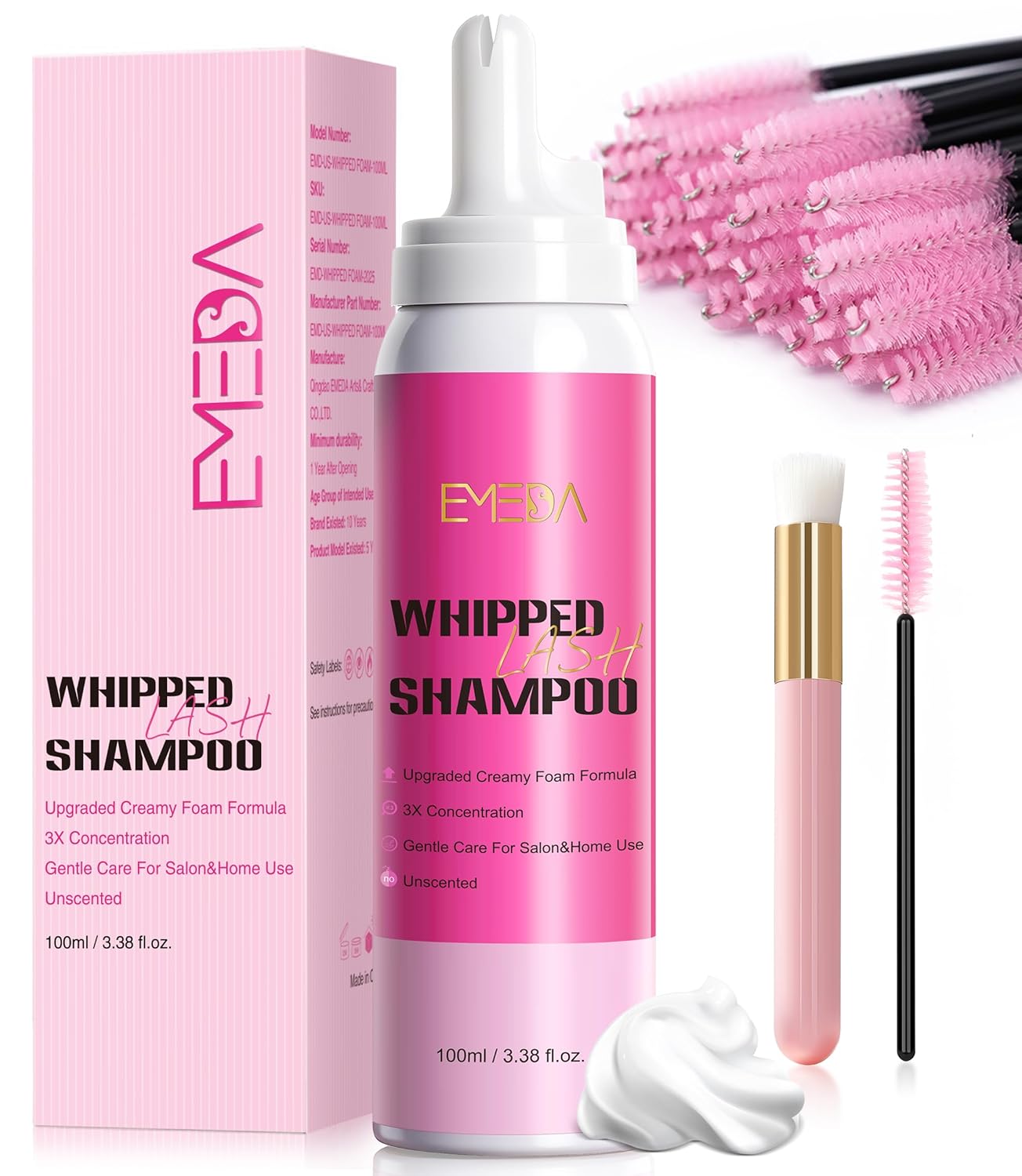 Whipped Lash Shampoo Kit - Deep Cleanser Foam for Extensions & Strips | 100ml with Brush, Unscented
