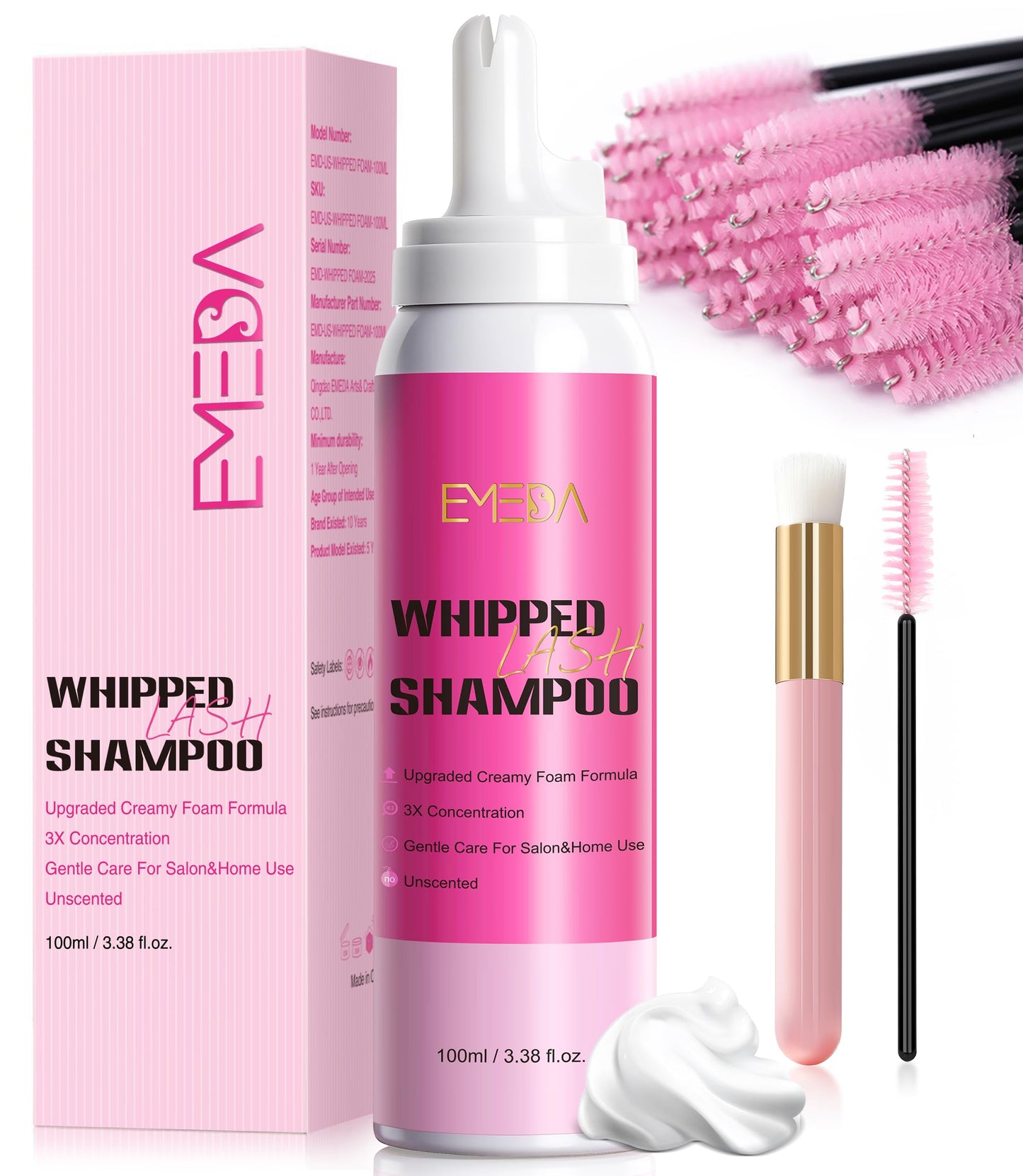EMEDA Whipped Lash Shampoo Kit, Deep Cleanser Foam, 100ml Lash Cleaning Kit with Brush, Cleanser for Extension & Cluster & Strips Eyelash, Salon & Home Use Supplies (Unscented)