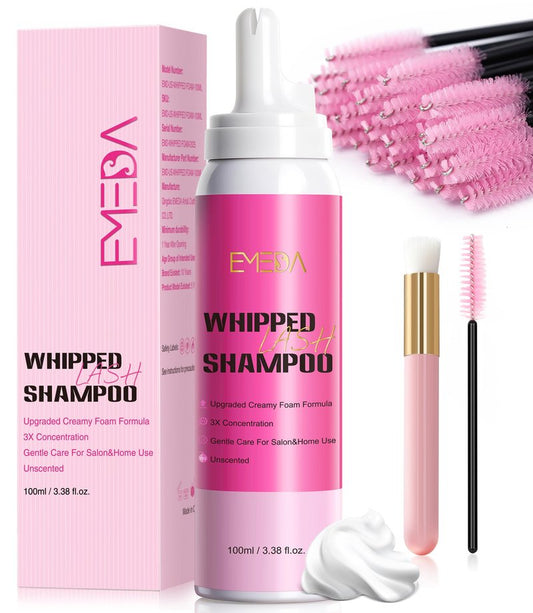 EMEDA Whipped Lash Shampoo Kit, Deep Cleanser Foam, 100ml Lash Cleaning Kit with Brush, Cleanser for Extension & Cluster & Strips Eyelash, Salon & Home Use Supplies (Unscented)