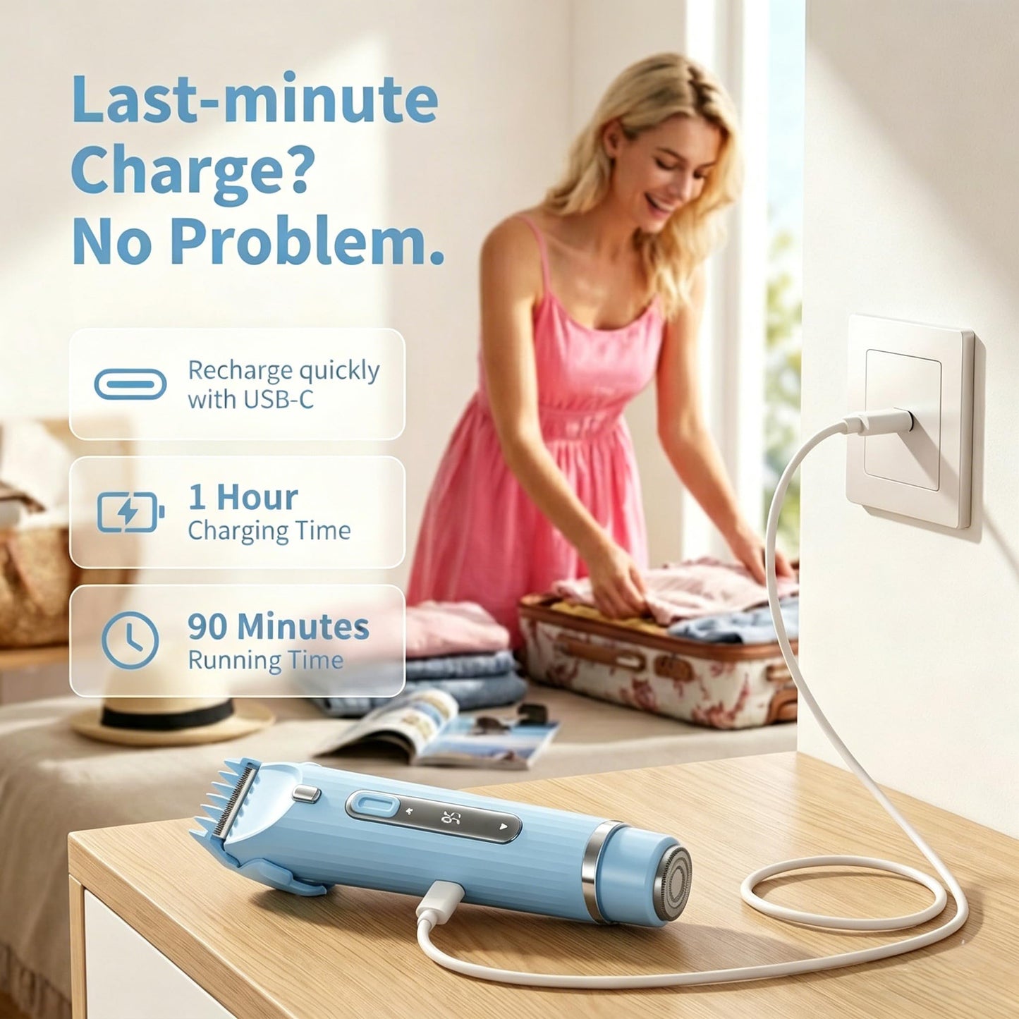 OGLEA Bikini Trimmer for Women, 2 in 1 Electric Razor with LED Light & Battery Display, Rechargeable Cordless Hair Trimmer for Face Underarm Pubic Legs, Dual Washable Heads, Blue
