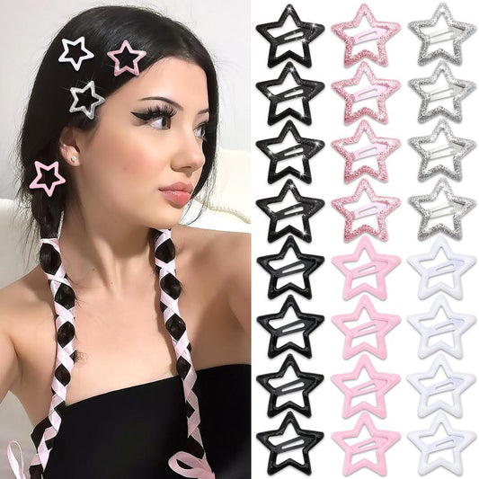 NAISKA 24Pcs Black Pink Sequins Star Hair Clips Y2K Star Snap Hair Barrettes for Women Cute Small Metal Clips for Hair Kawaii Metal Pentagram Hair Pins Girls Barrettes for Hair 2000s Hair Accessories