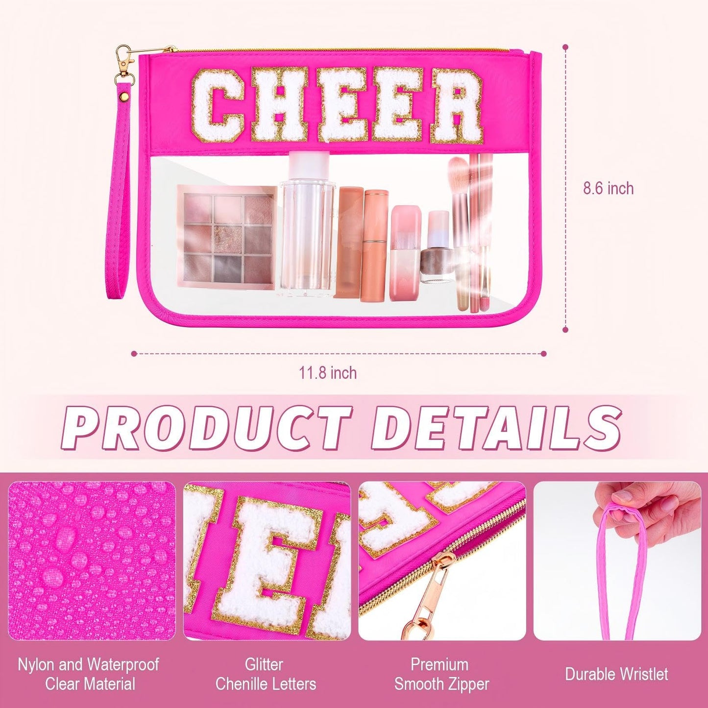 Kacctyen 6 Pcs Cheer Bags Chenille Letter Makeup Bag Cheer Gifts for Stuff Cheerleader, Rose Red Clear Zipper Pouch Cosmetic Toiletry Pouch with Handle for Women Girls Gym Beach Travel(Rose Red,Cheer)