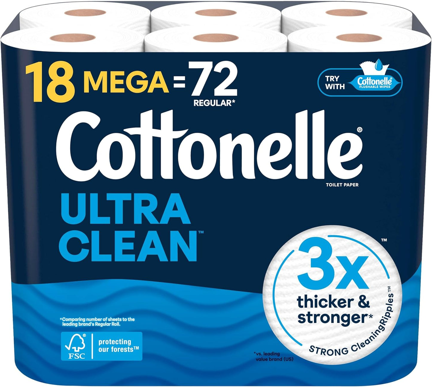 Cottonelle Ultra Clean Toilet Paper - Active Cleaning Ripples Texture, 24 Mega Rolls | Strong Bath Tissue