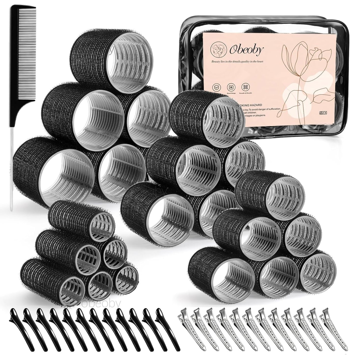 Self-Grip Hair Rollers Set - 50 Pcs Jumbo Curlers for Long & Short Hair | Includes Clips, Black (25mm-60mm)