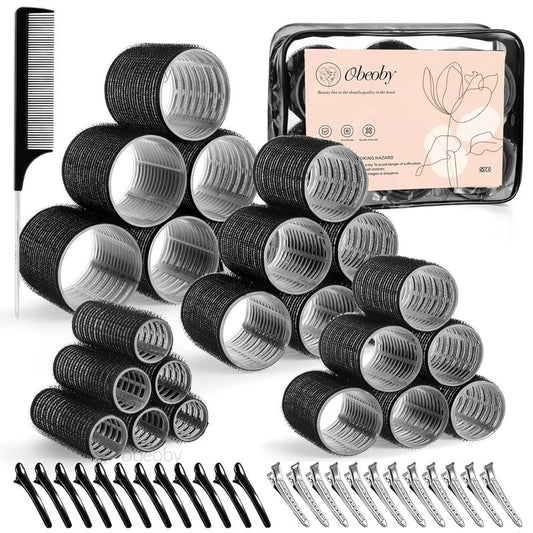 Self-Grip Hair Rollers Set - 50 Pcs Jumbo Curlers for Long & Short Hair | Includes Clips, Black (25mm-60mm)