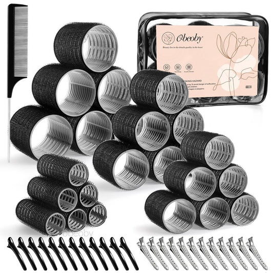 4 Sizes Self-Grip Hair Rollers Set - 50 Pcs Jumbo Curlers for Long, Short Hair and Bangs (25mm, 36mm, 48mm, 60mm) With Clips, Black