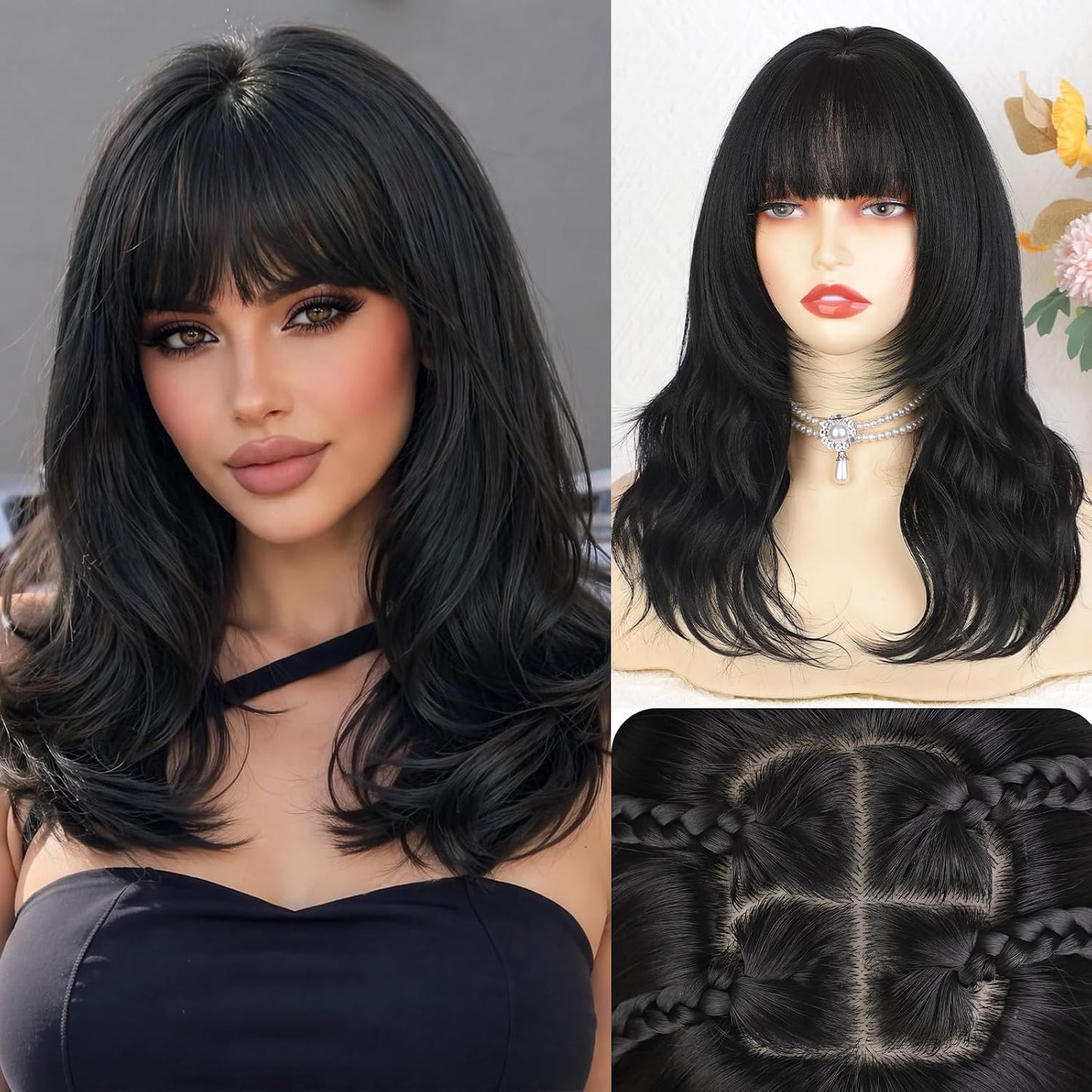 Black Wig with Bangs - 4x4 Realistic Scalp Layered Wavy Synthetic Wig | 18 Inch Natural Look for Daily Use