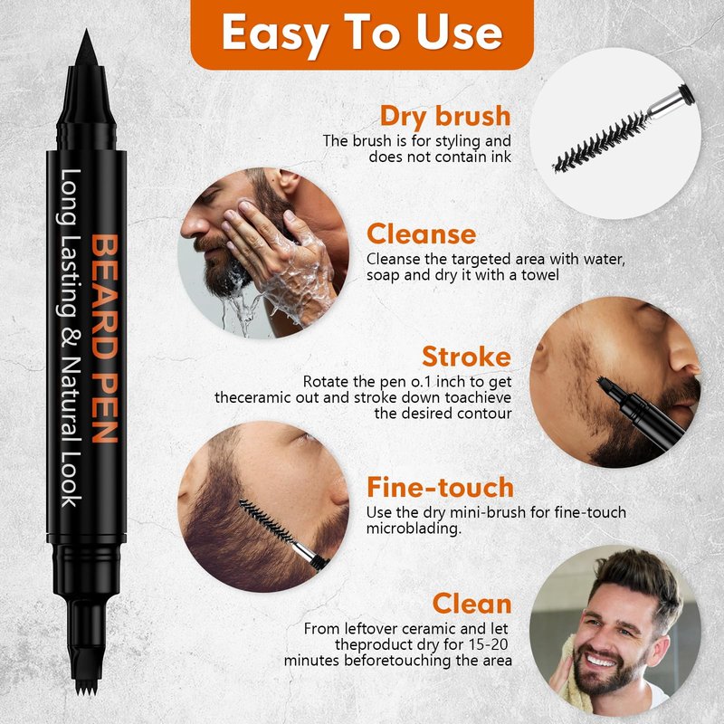 3-Pack Beard Pen Filler for Men, Waterproof & Sweat Proof Long-Lasting Beard Pen Kit with 2 Fillers & 1 Double-Headed Brush – Effectively Enhances Facial Hair (Black)