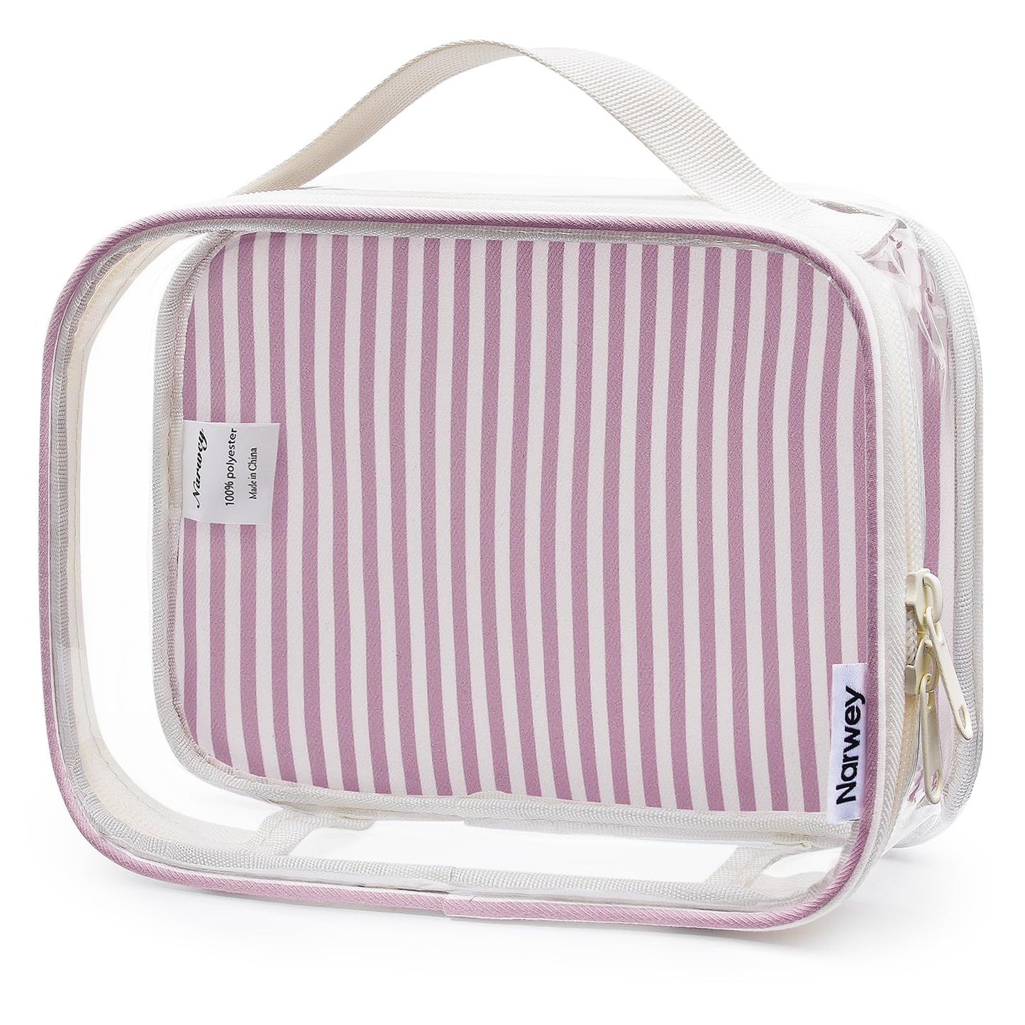 Narwey TSA Approved Clear Toiletry Bag for Travel, Waterproof PVC Clear Makeup Bags, Portable Compact Cosmetic Bag Make Up Organizer, Airport Airline Quart Size Compliant Bag (Dusty Pink Stripe)