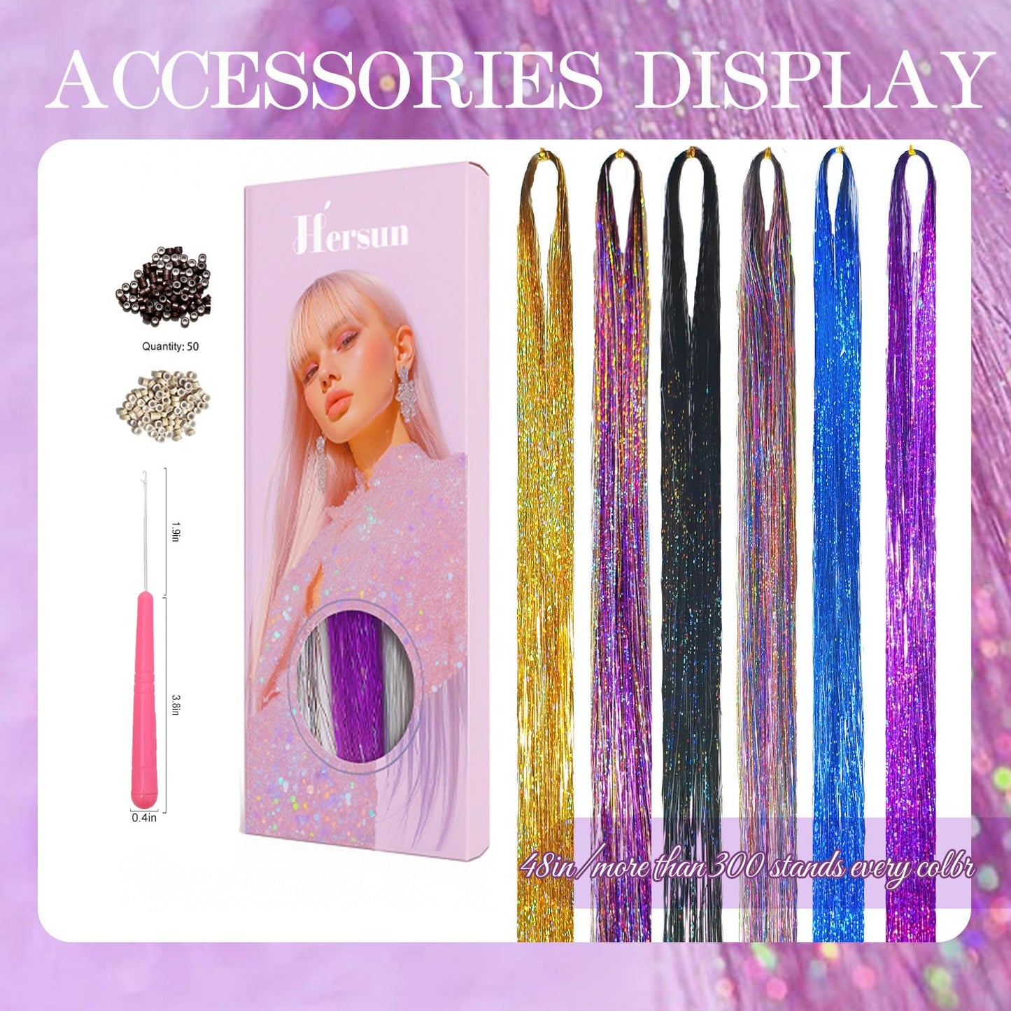 Hersun Glitter Hair Tinsel Kit 20 Colors 6300 Strands 48in With Tools