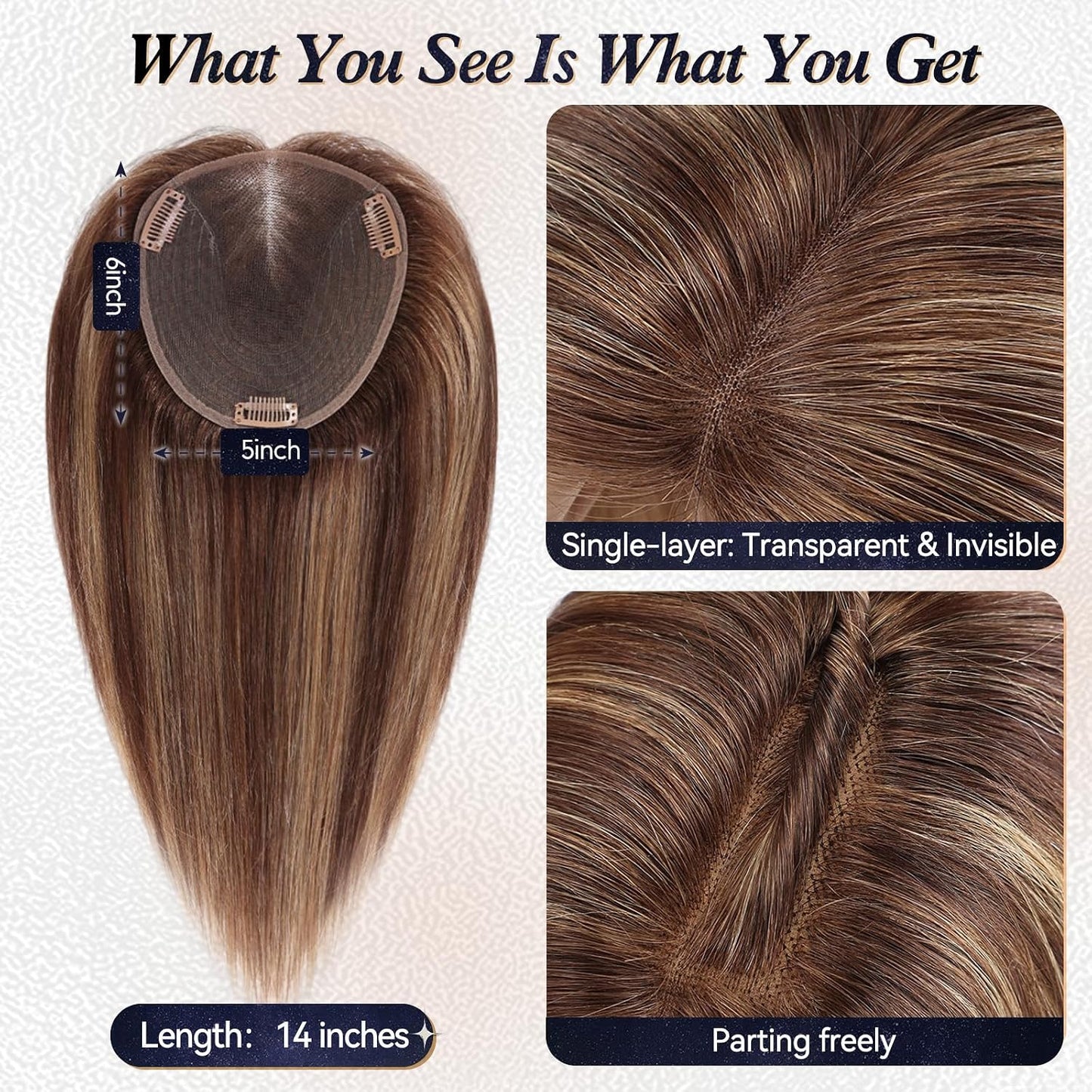 Real Human Hair Toppers for Women - 14 Inch Silk Base, Mixed Brown with Bangs | 60g